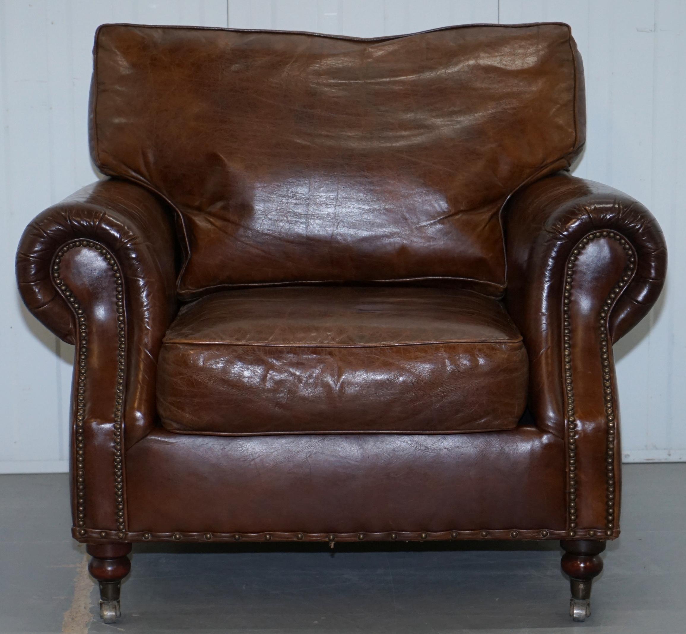 We are delighted to offer for sale this used hand dyed Timothy Oulton Balmoral Halo aged brown leather armchair

A very good looking and well made chair, the leather finish is glorious, it looks 100 years old from new and only gets better with