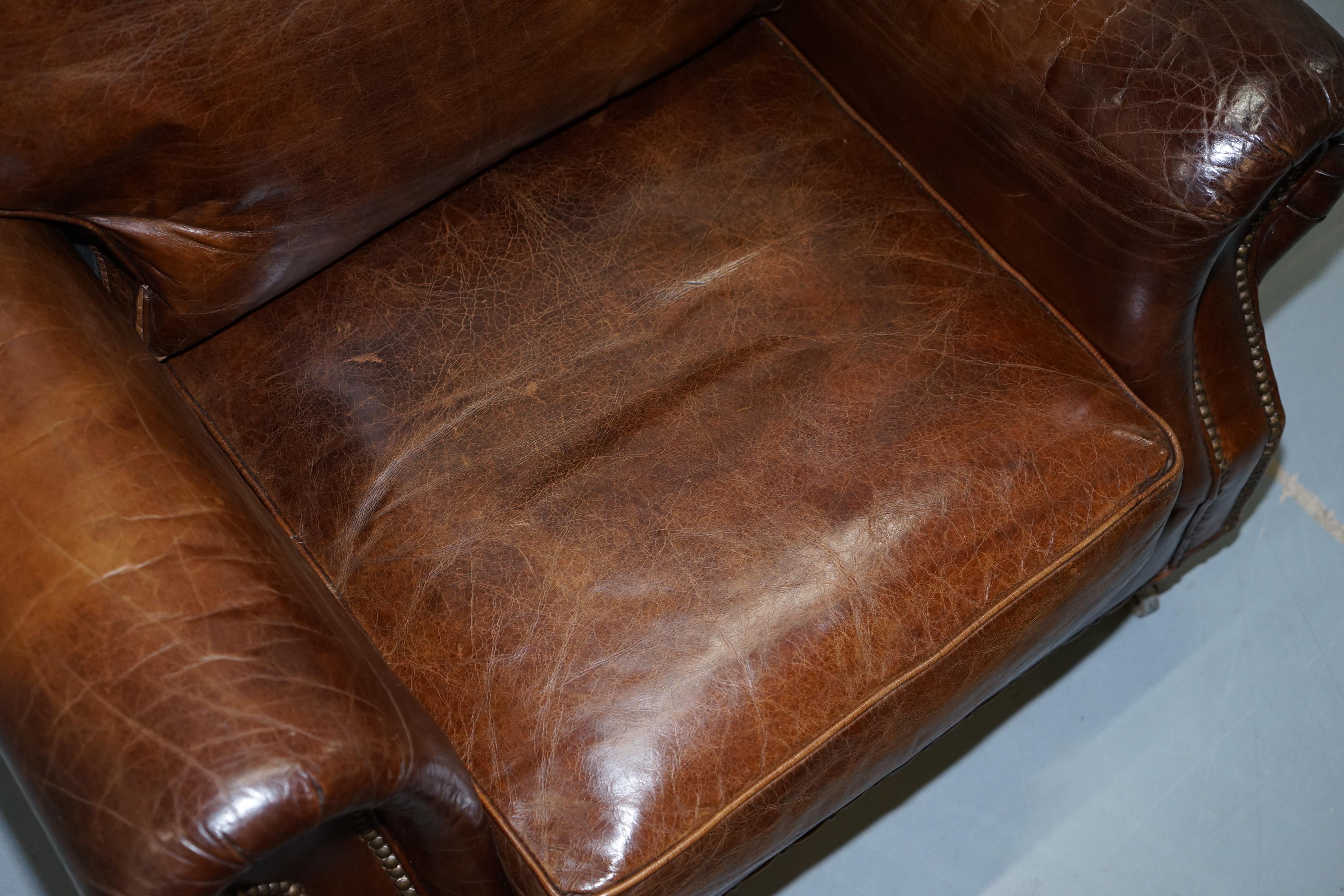 English Comfortable Timothy Oulton Balmoral Halo Heritage Vintage Brown Leather Armchair