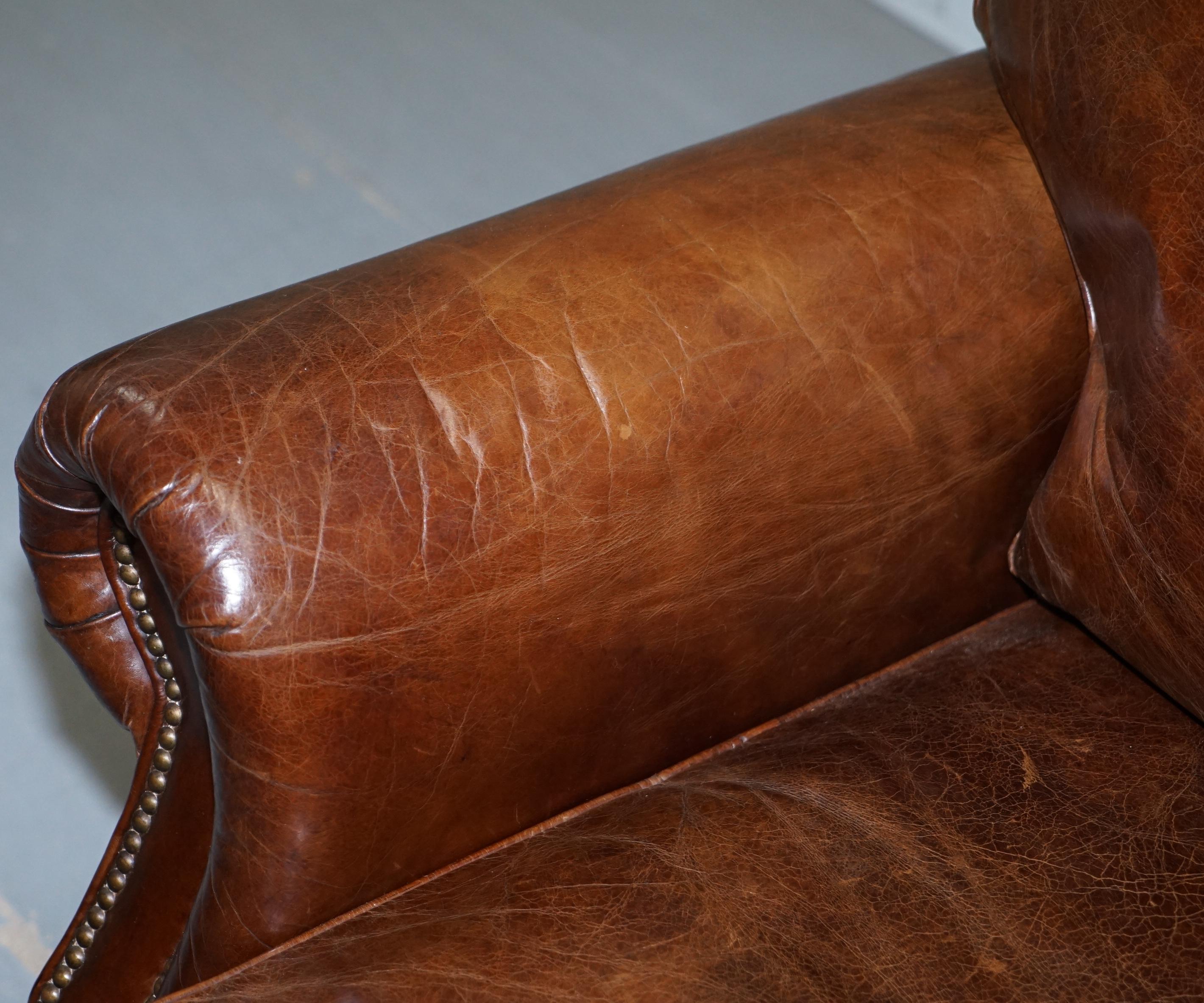 Comfortable Timothy Oulton Balmoral Halo Heritage Vintage Brown Leather Armchair In Fair Condition In West Sussex, Pulborough