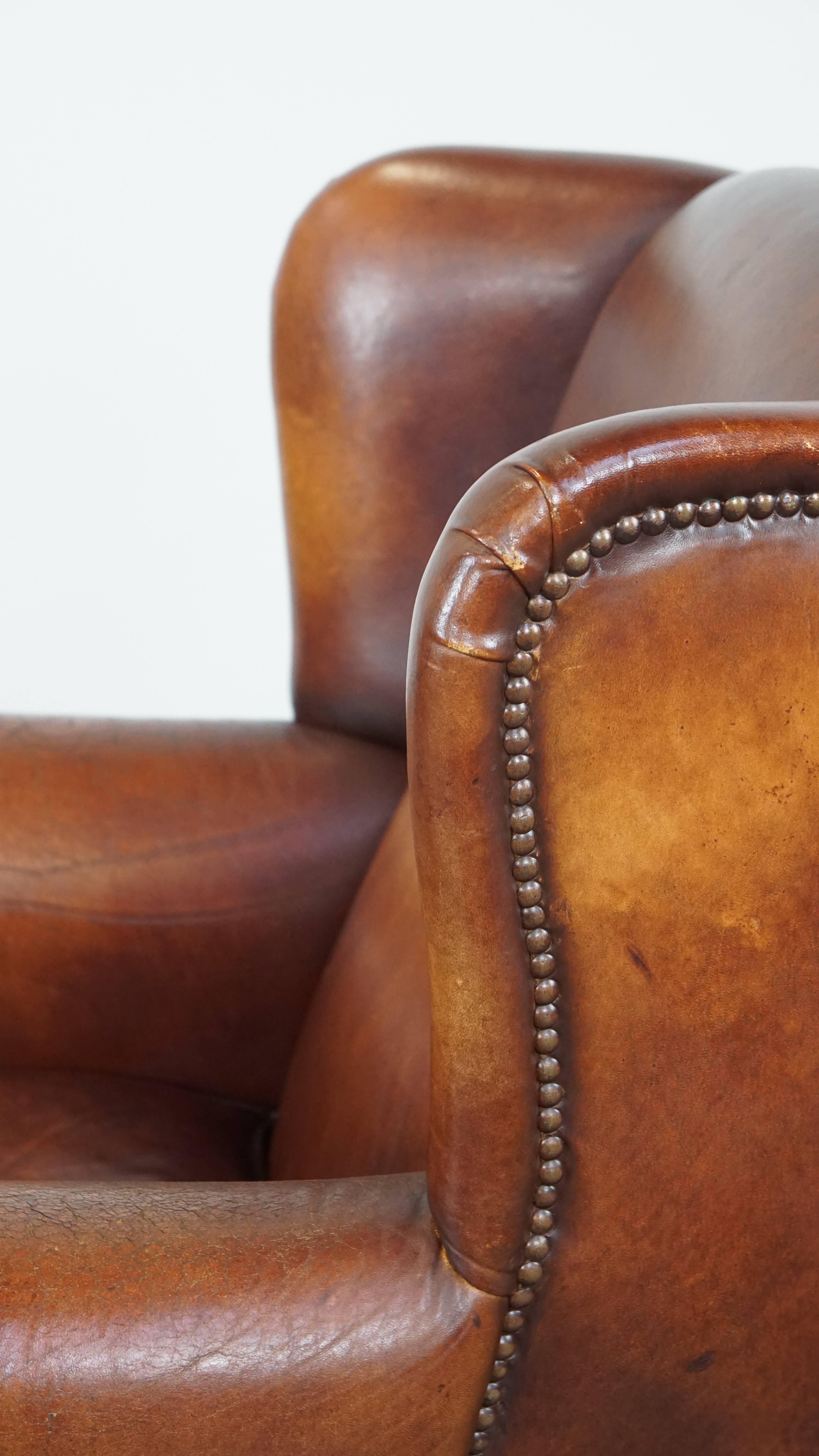 Comfortable Vintage English-Style Sheepskin Leather Wingback Armchair For Sale 8