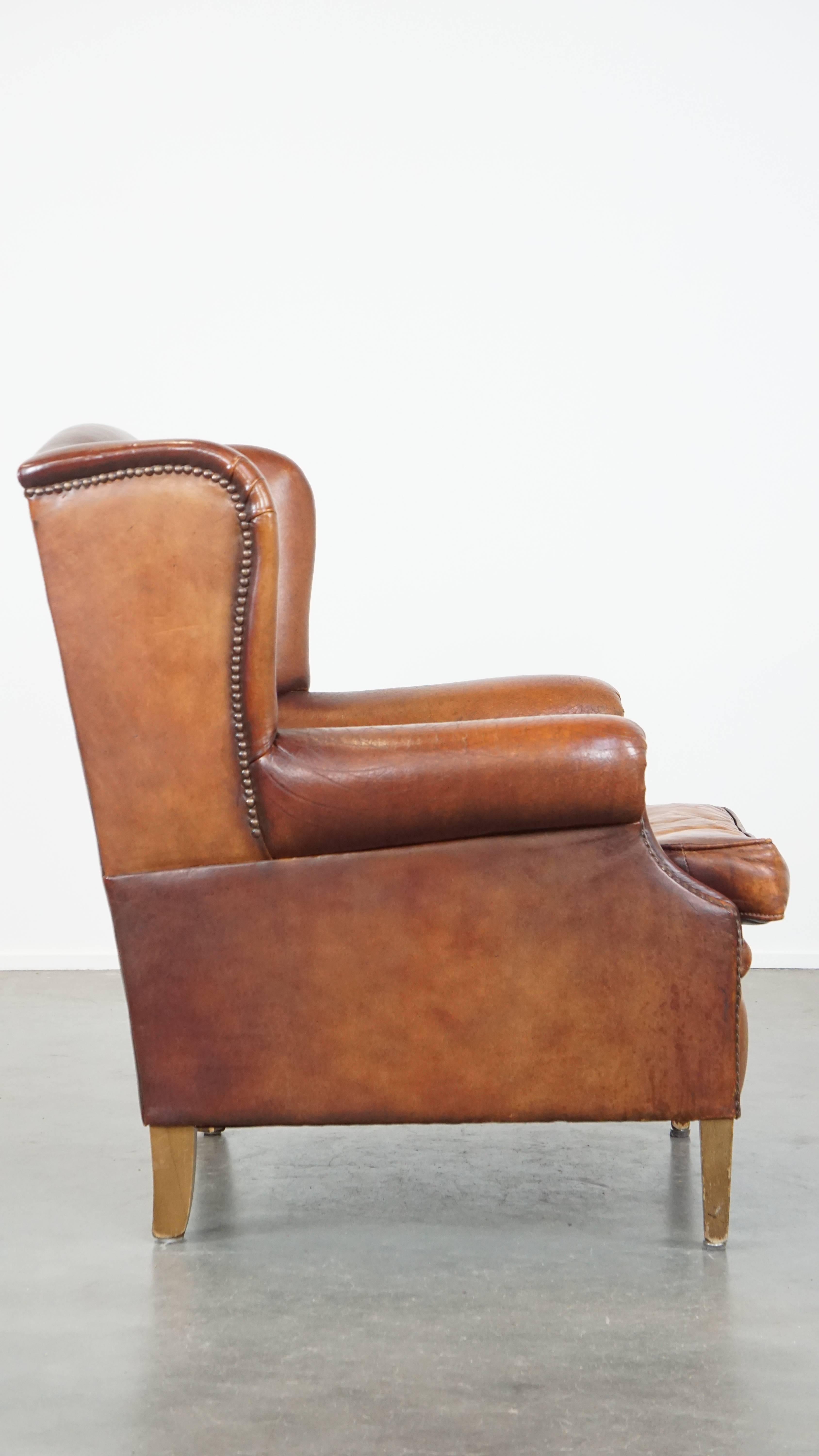 Classical Roman Comfortable Vintage English-Style Sheepskin Leather Wingback Armchair For Sale