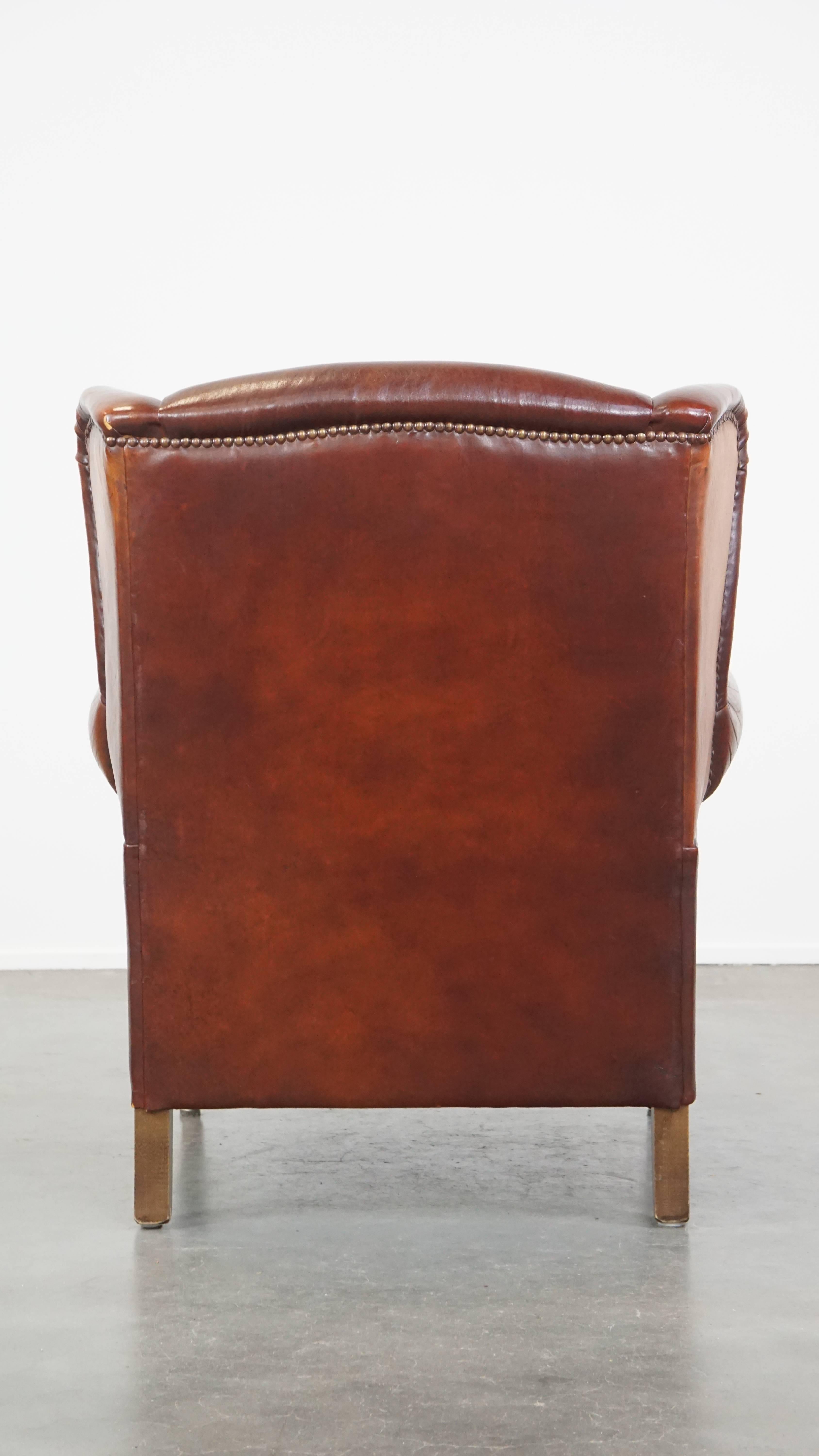Hand-Crafted Comfortable Vintage English-Style Sheepskin Leather Wingback Armchair For Sale