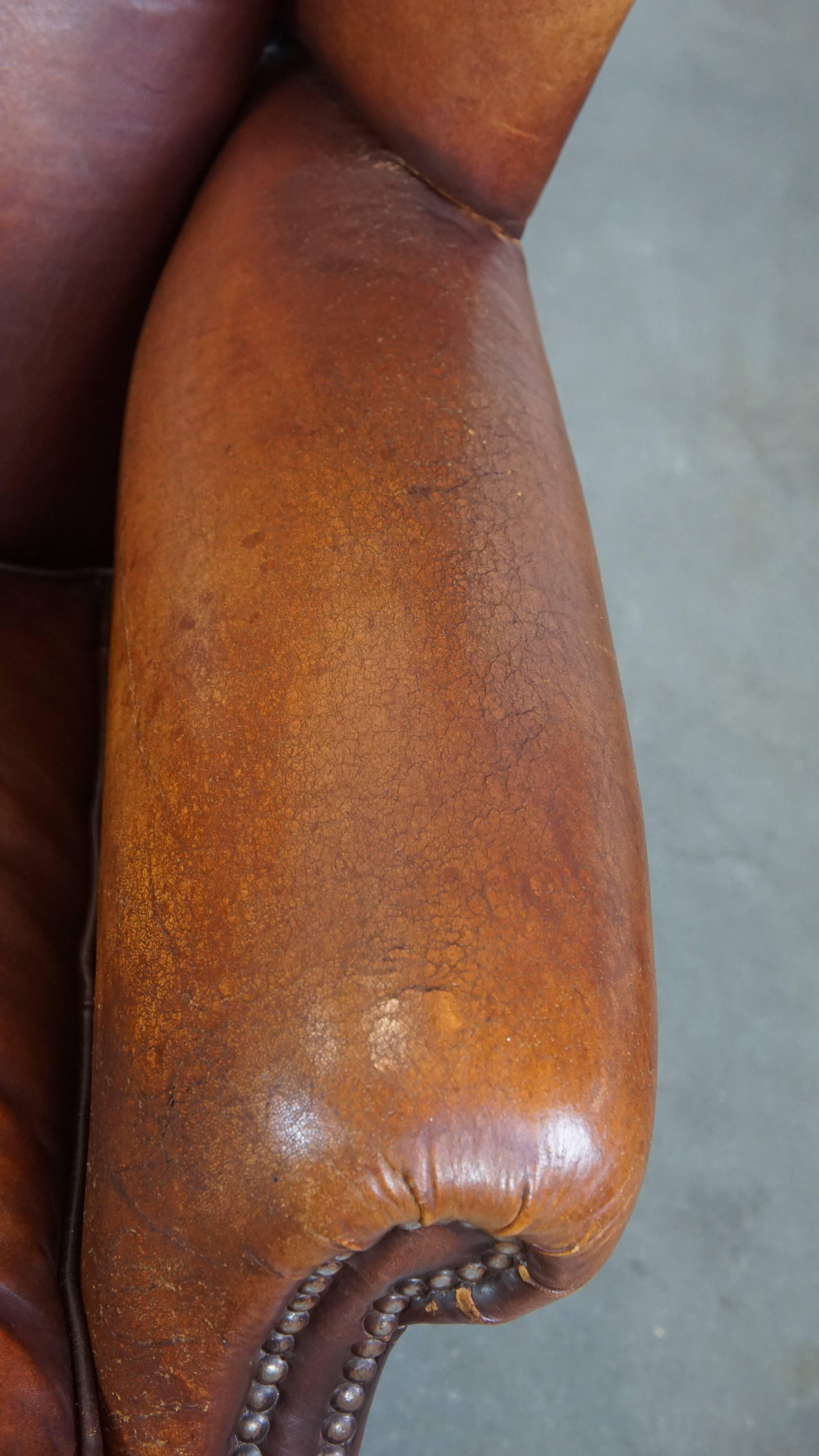 Comfortable Vintage English-Style Sheepskin Leather Wingback Armchair For Sale 2
