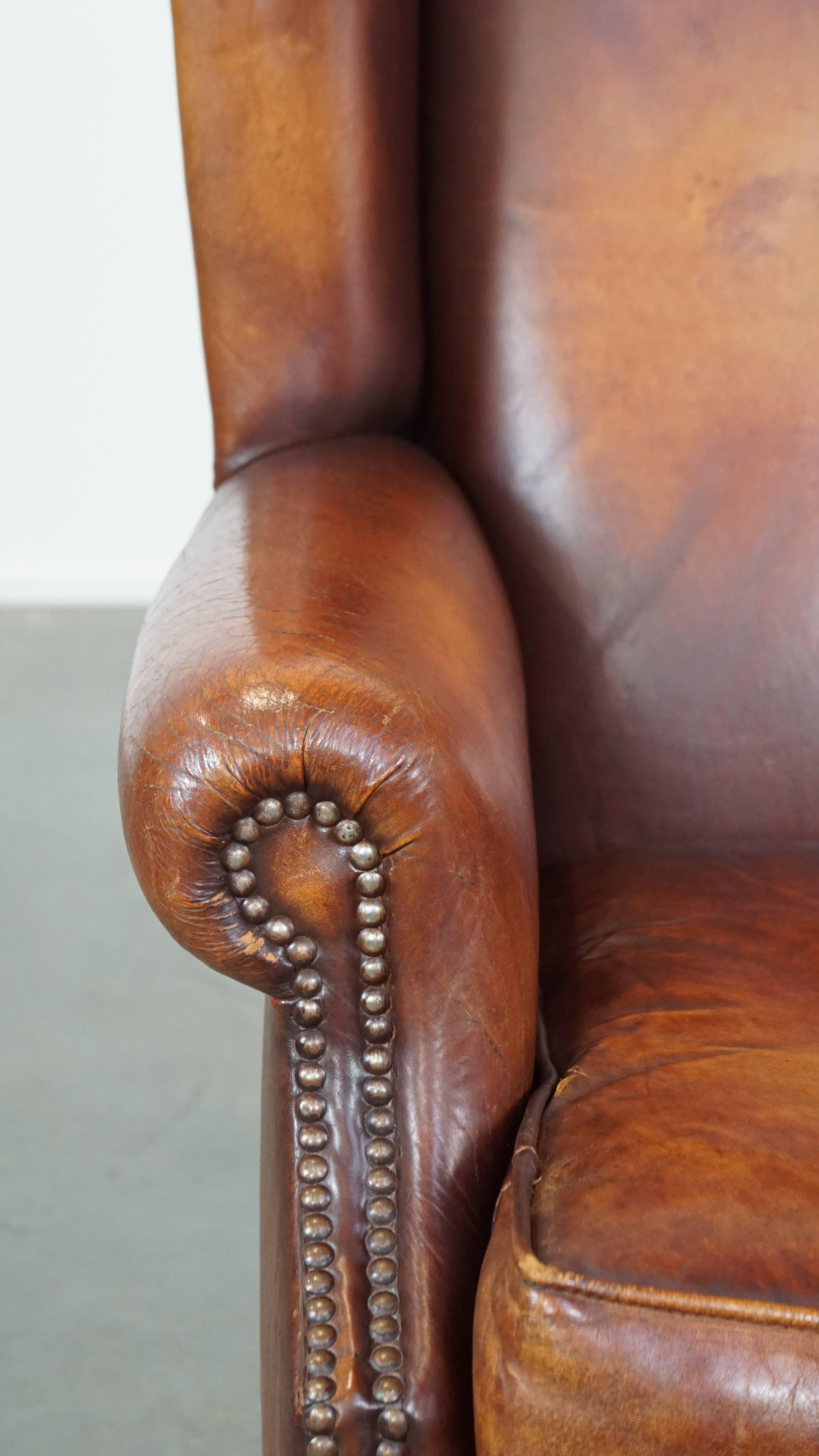 Comfortable Vintage English-Style Sheepskin Leather Wingback Armchair For Sale 3