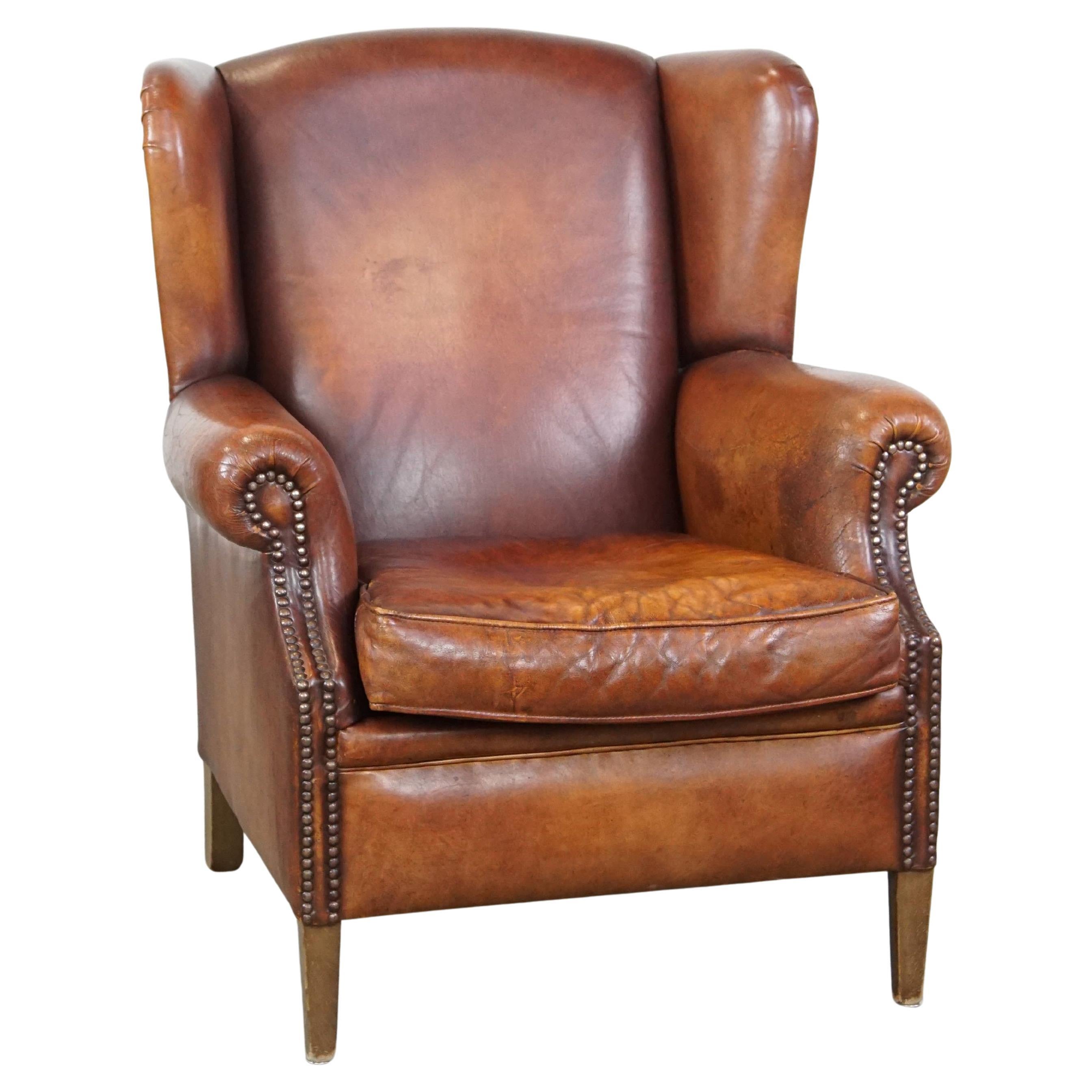 Comfortable Vintage English-Style Sheepskin Leather Wingback Armchair