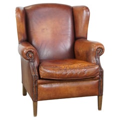Comfortable Vintage English-Style Sheepskin Leather Wingback Armchair