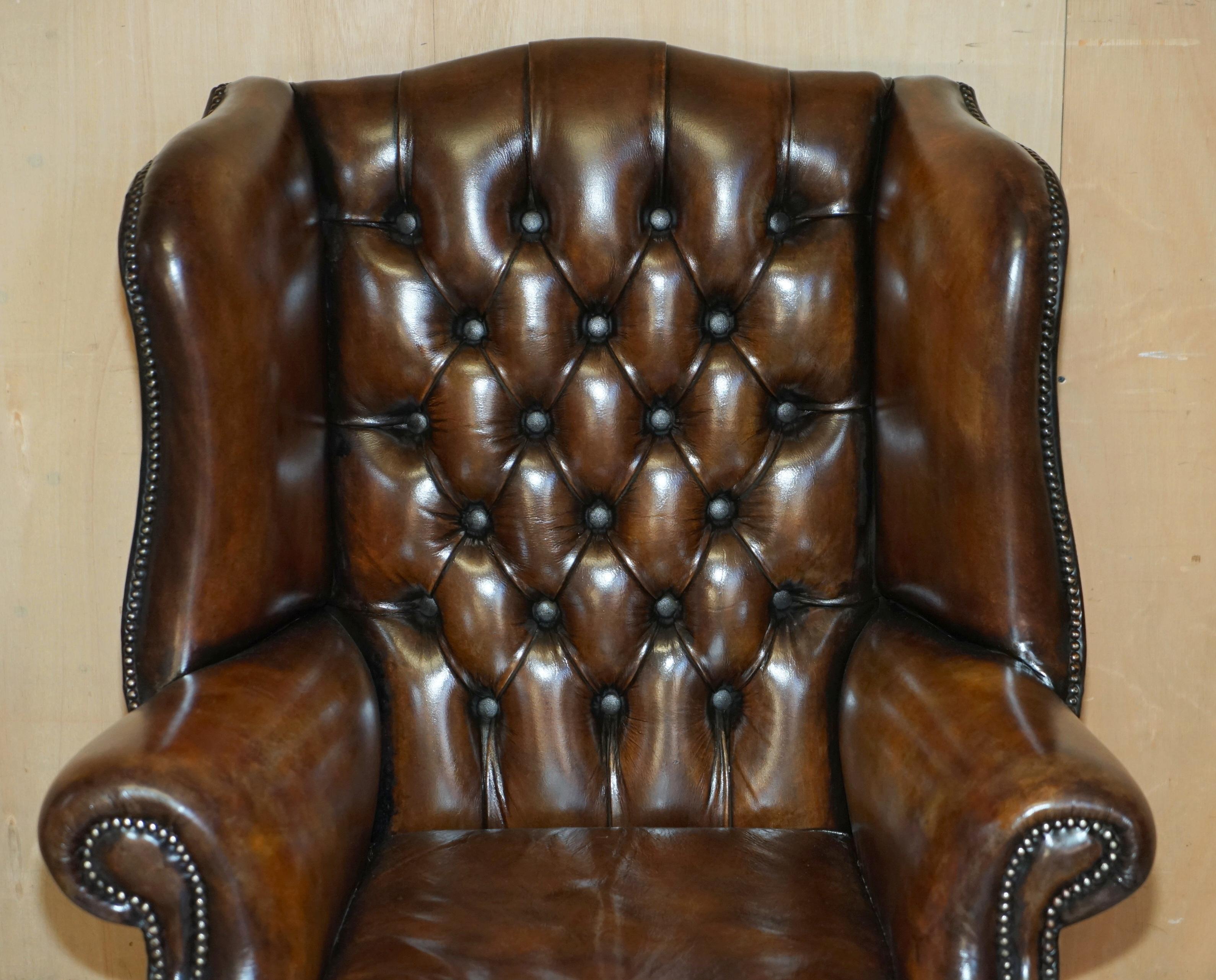 Chesterfield COMFORTABLE ViNTAGE RESTORED BROWN LEATHER TUFTED CHESTERFIELD WINGBACK ARMCHAIR For Sale