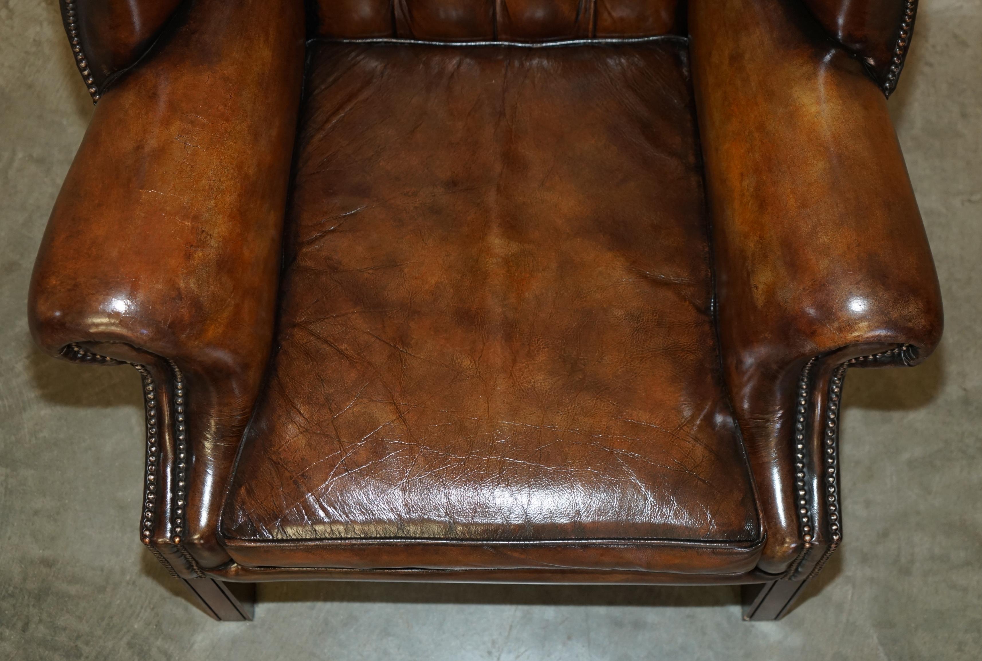 Leather COMFORTABLE ViNTAGE RESTORED BROWN LEATHER TUFTED CHESTERFIELD WINGBACK ARMCHAIR For Sale