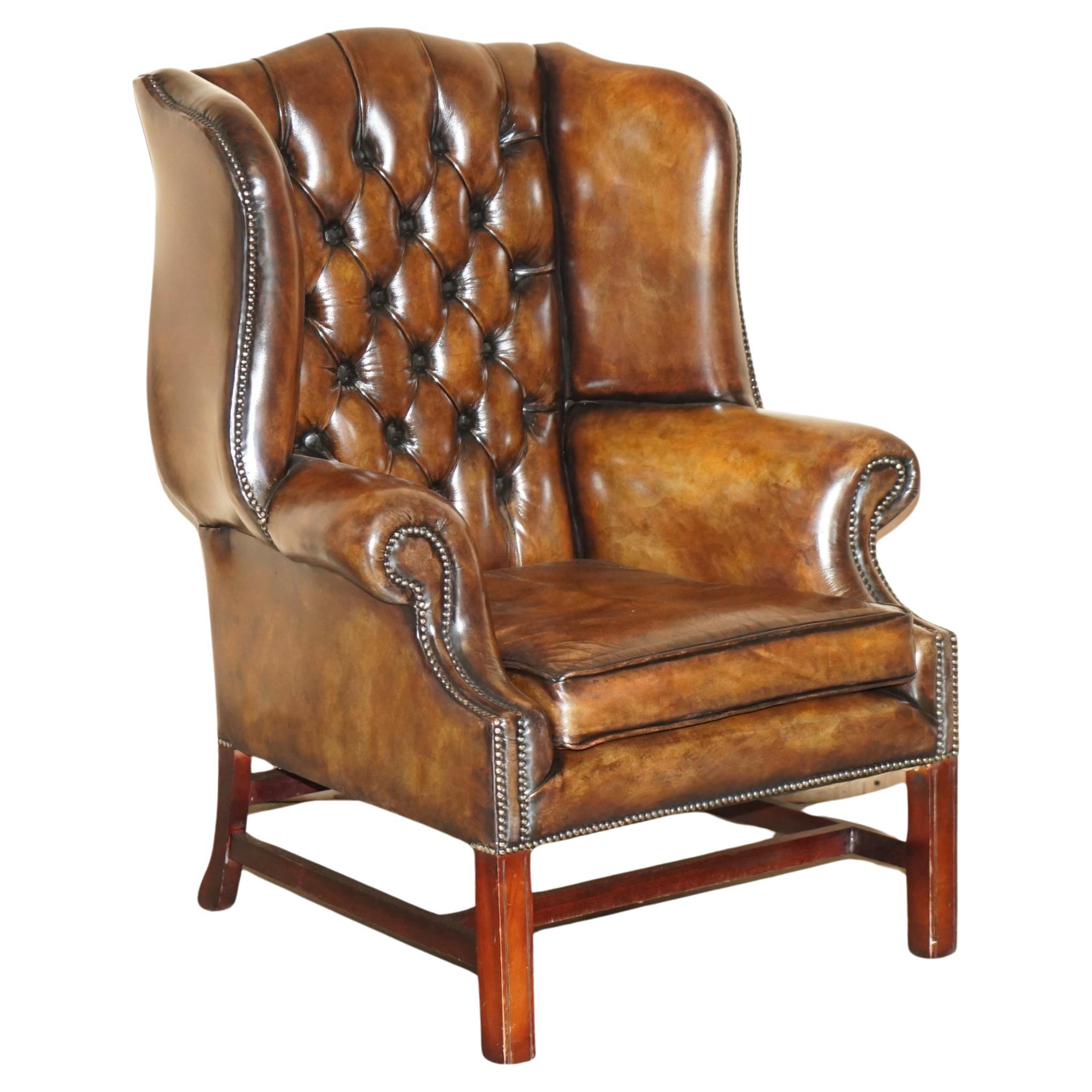 COMFORTABLE ViNTAGE RESTORED BROWN LEATHER TUFTED CHESTERFIELD WINGBACK ARMCHAIR For Sale