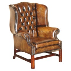 COMFORTABLE ViNTAGE RESTORED BROWN LEATHER TUFTED CHESTERFIELD WINGBACK ARMCHAIR
