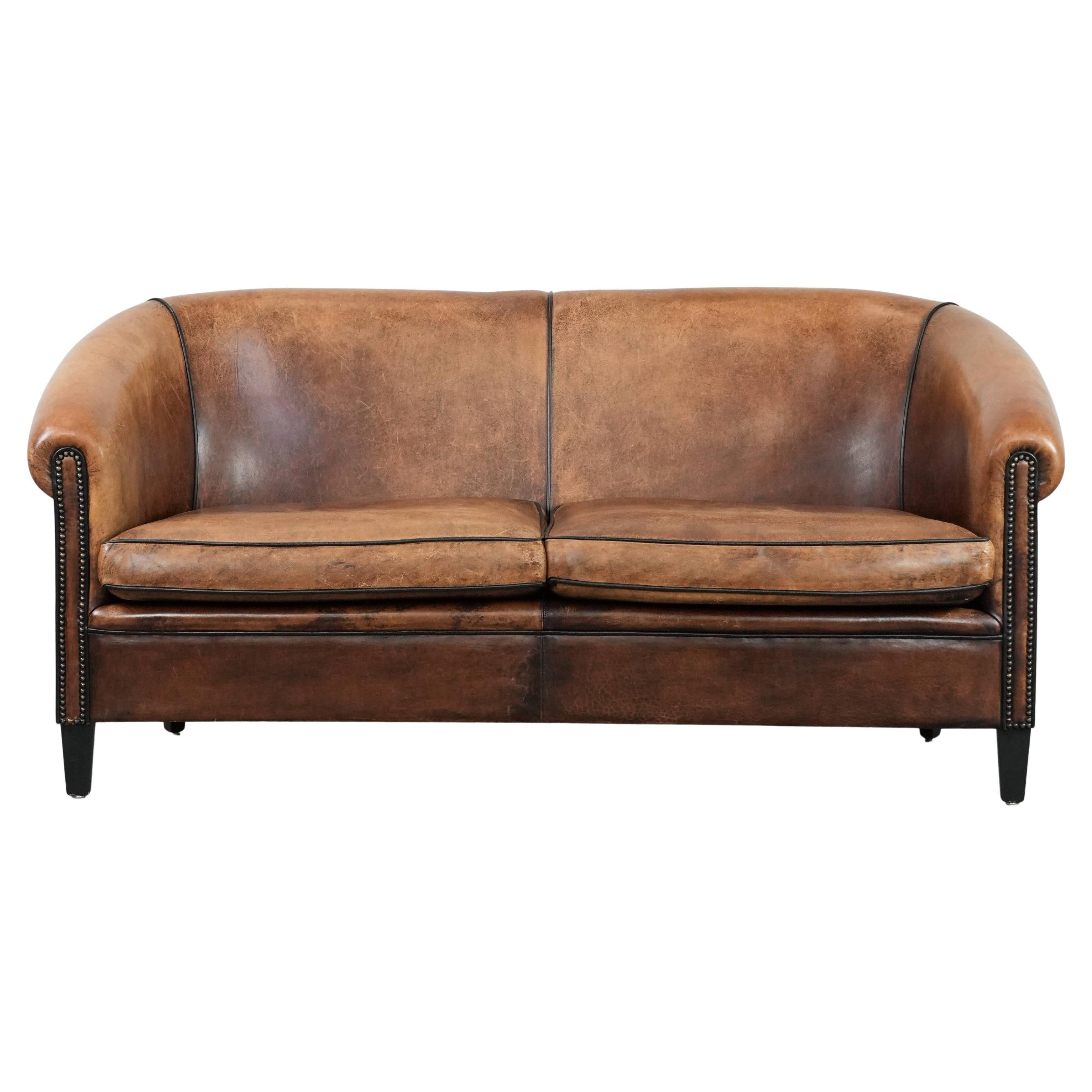 Comfortable vintage sheepskin 2.5-seater club sofa For Sale