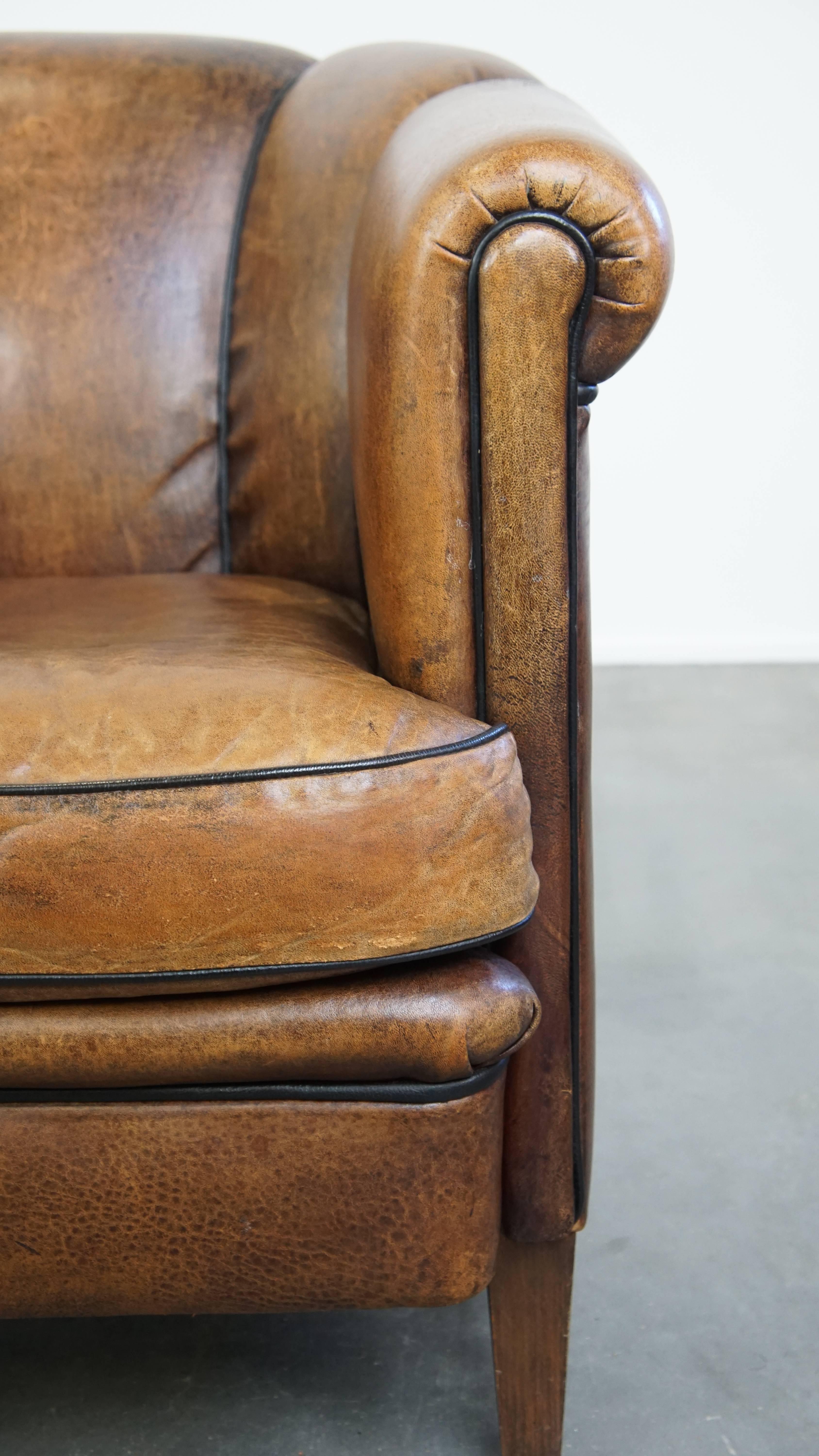 Comfortable Vintage Sheepskin Leather Club Chair For Sale 4