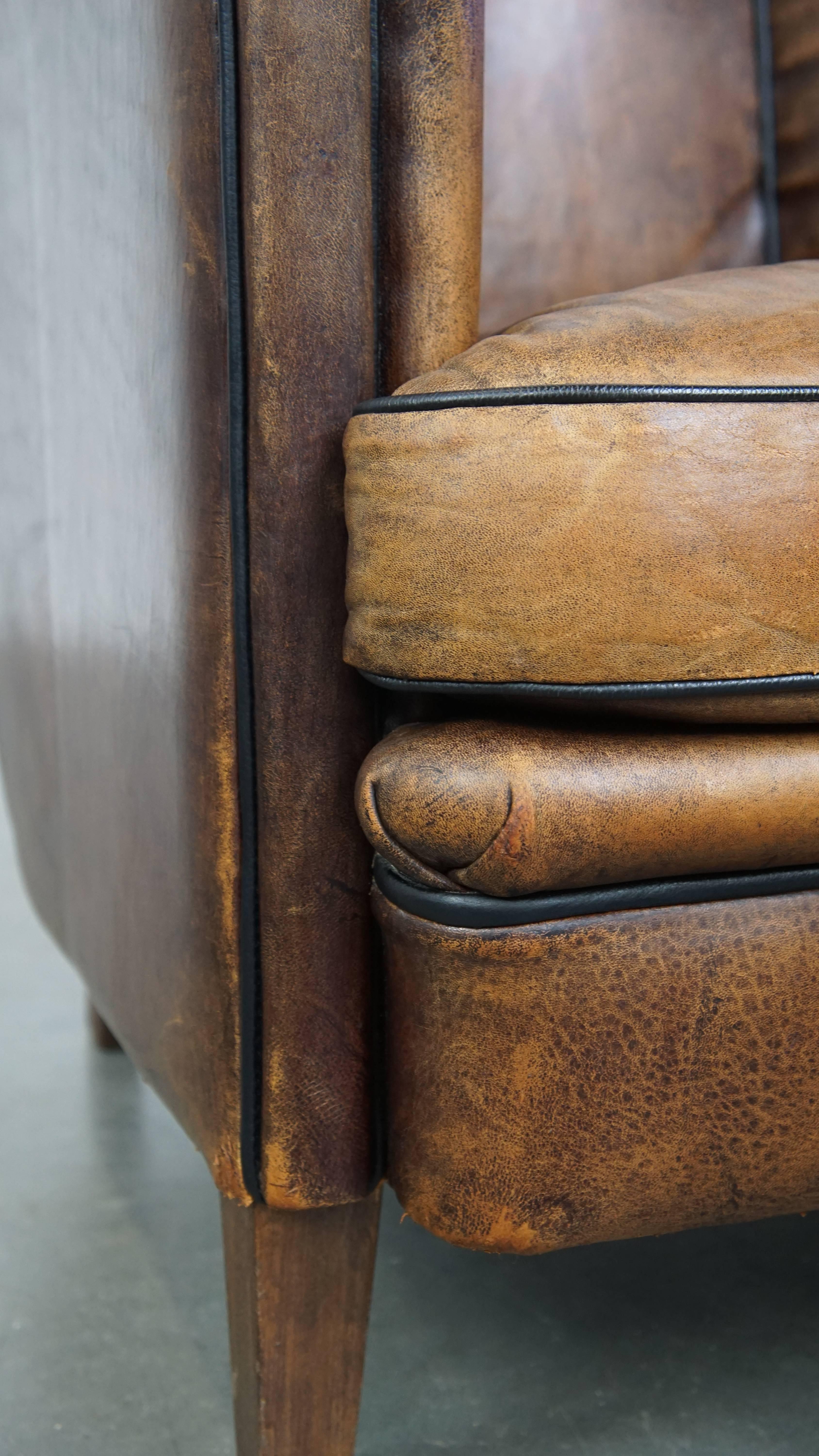 Comfortable Vintage Sheepskin Leather Club Chair For Sale 6