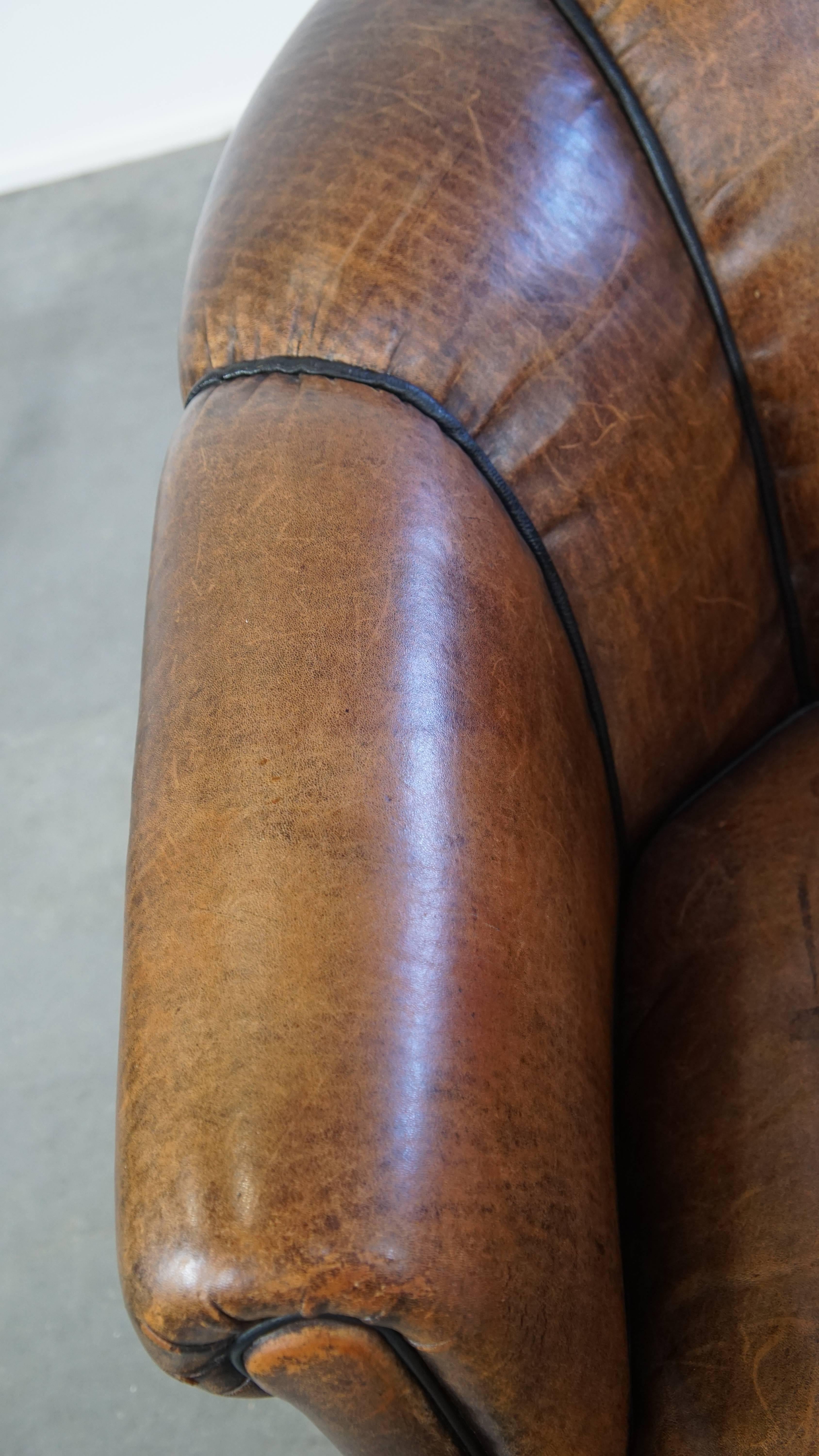 Comfortable Vintage Sheepskin Leather Club Chair For Sale 1
