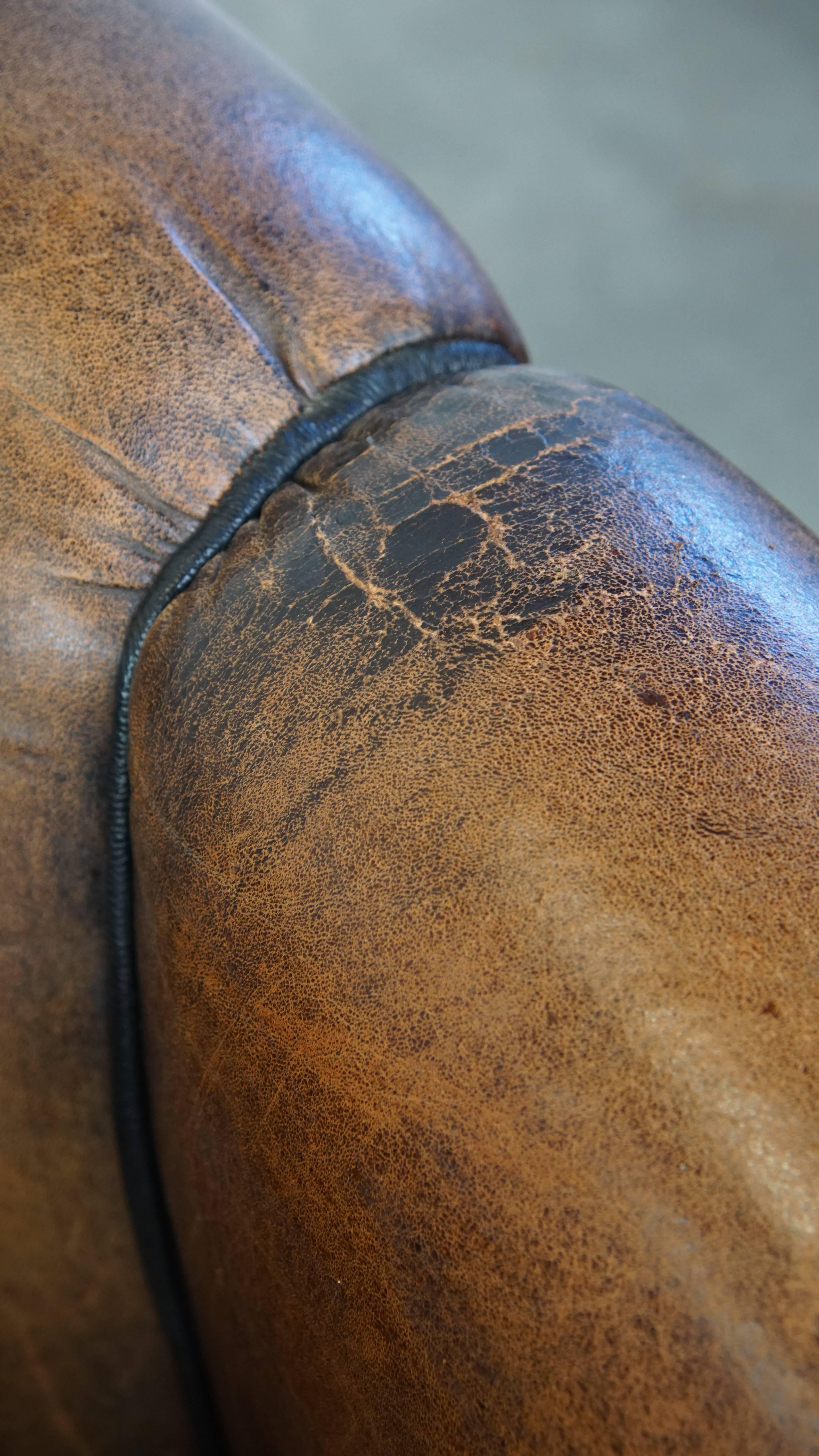 Comfortable Vintage Sheepskin Leather Club Chair For Sale 3
