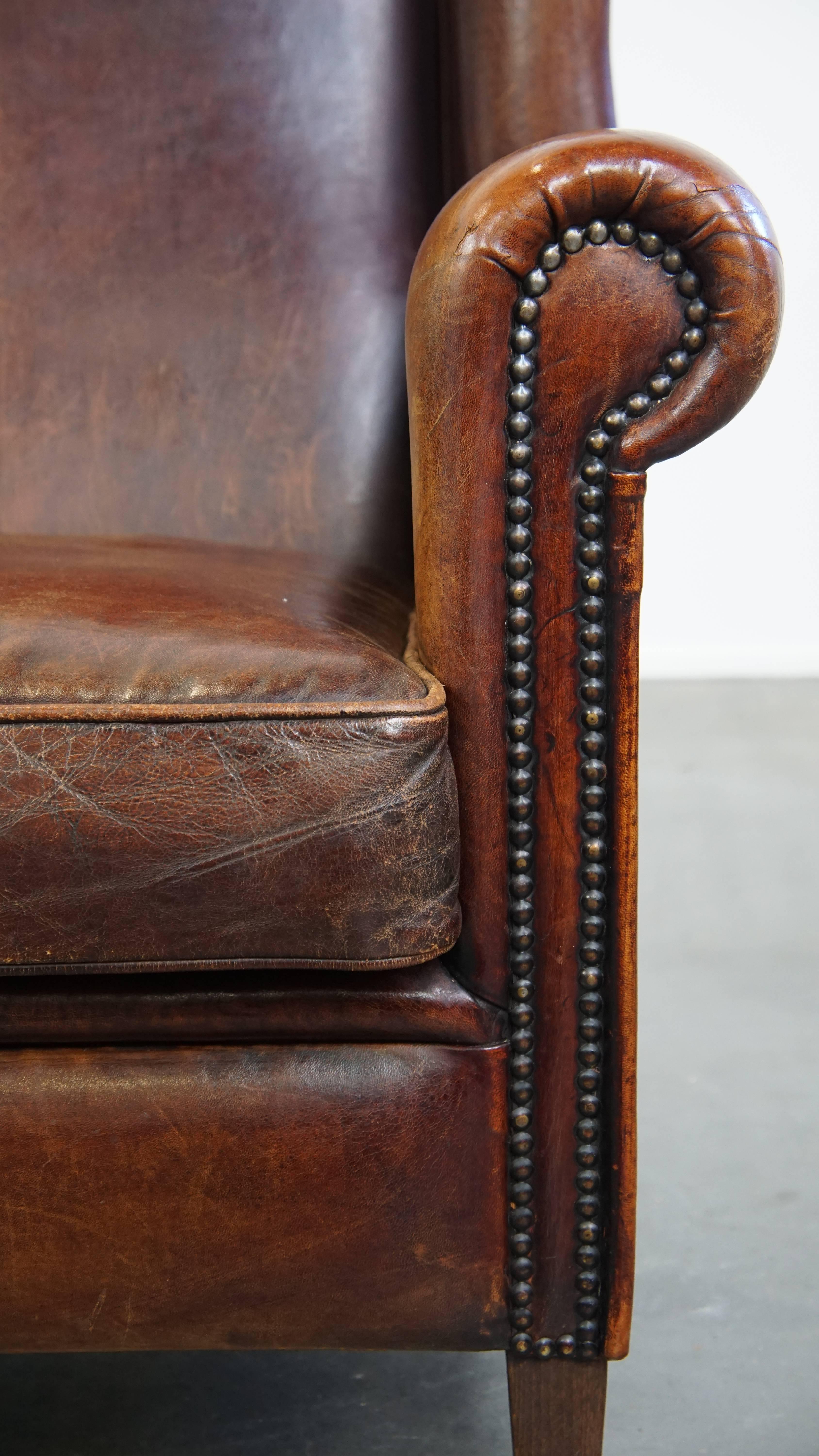 Comfortable Vintage Sheepskin Wingback Chair with a Beautiful Color For Sale 3