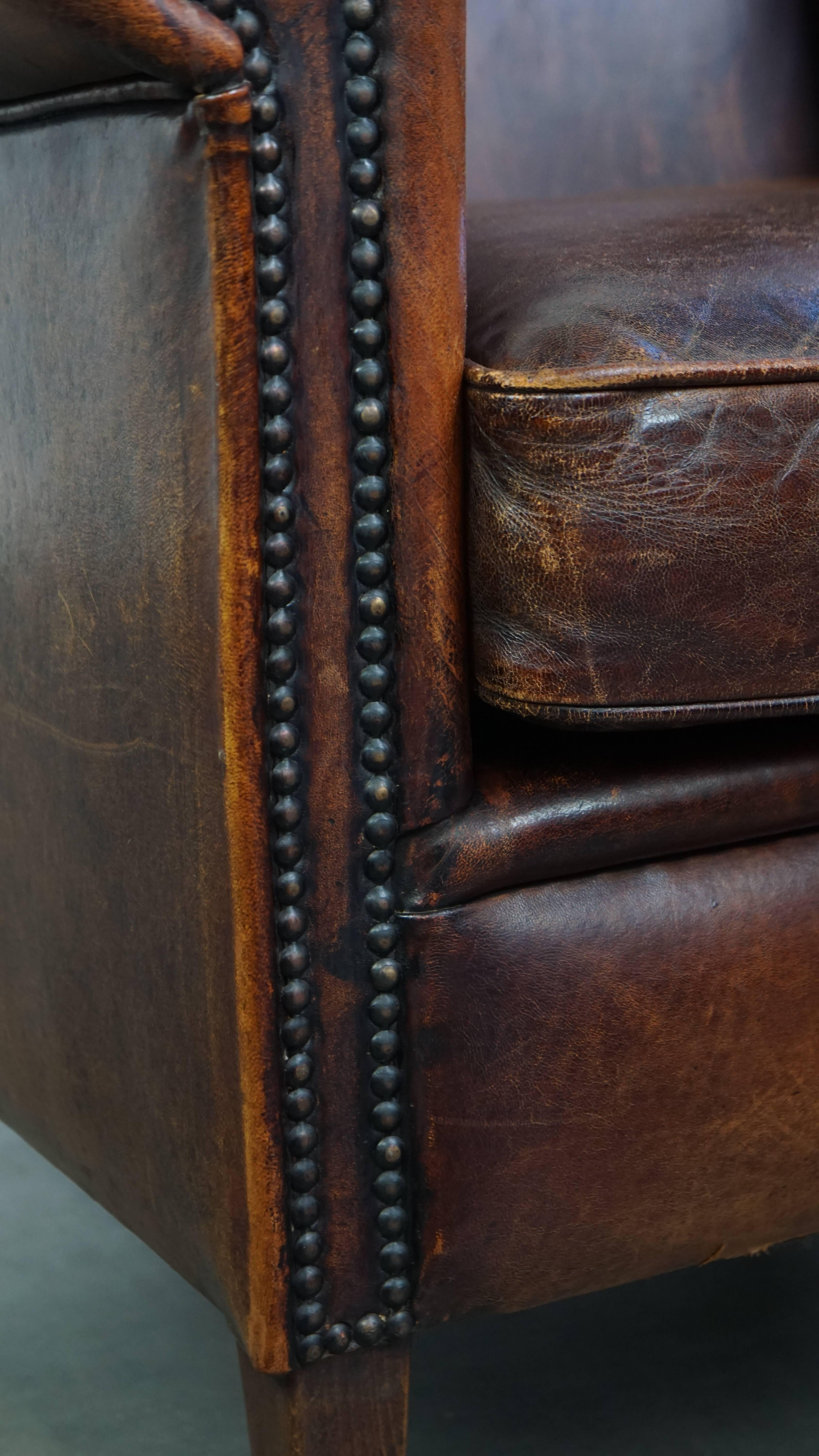 Comfortable Vintage Sheepskin Wingback Chair with a Beautiful Color For Sale 4