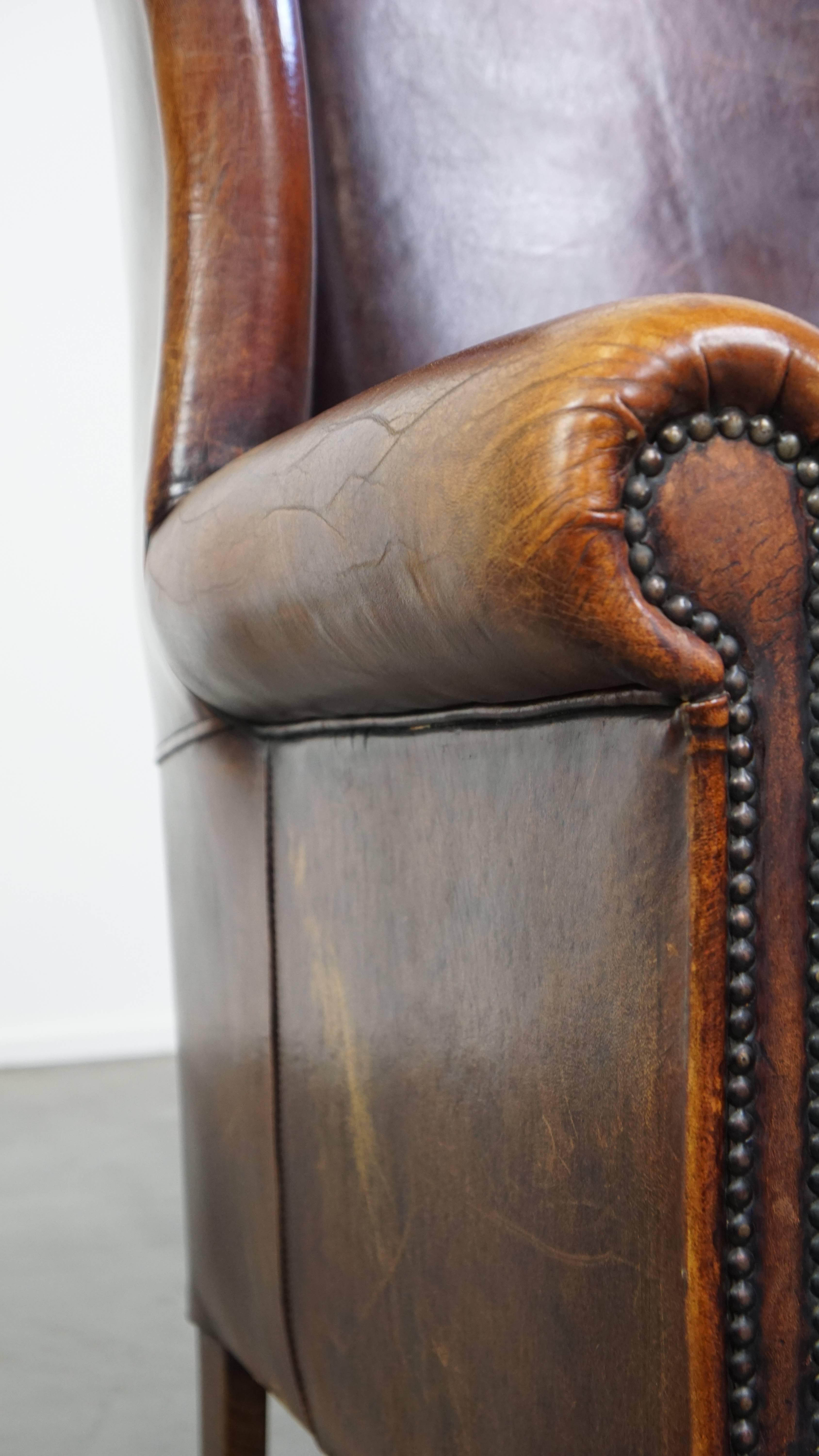 Comfortable Vintage Sheepskin Wingback Chair with a Beautiful Color For Sale 5