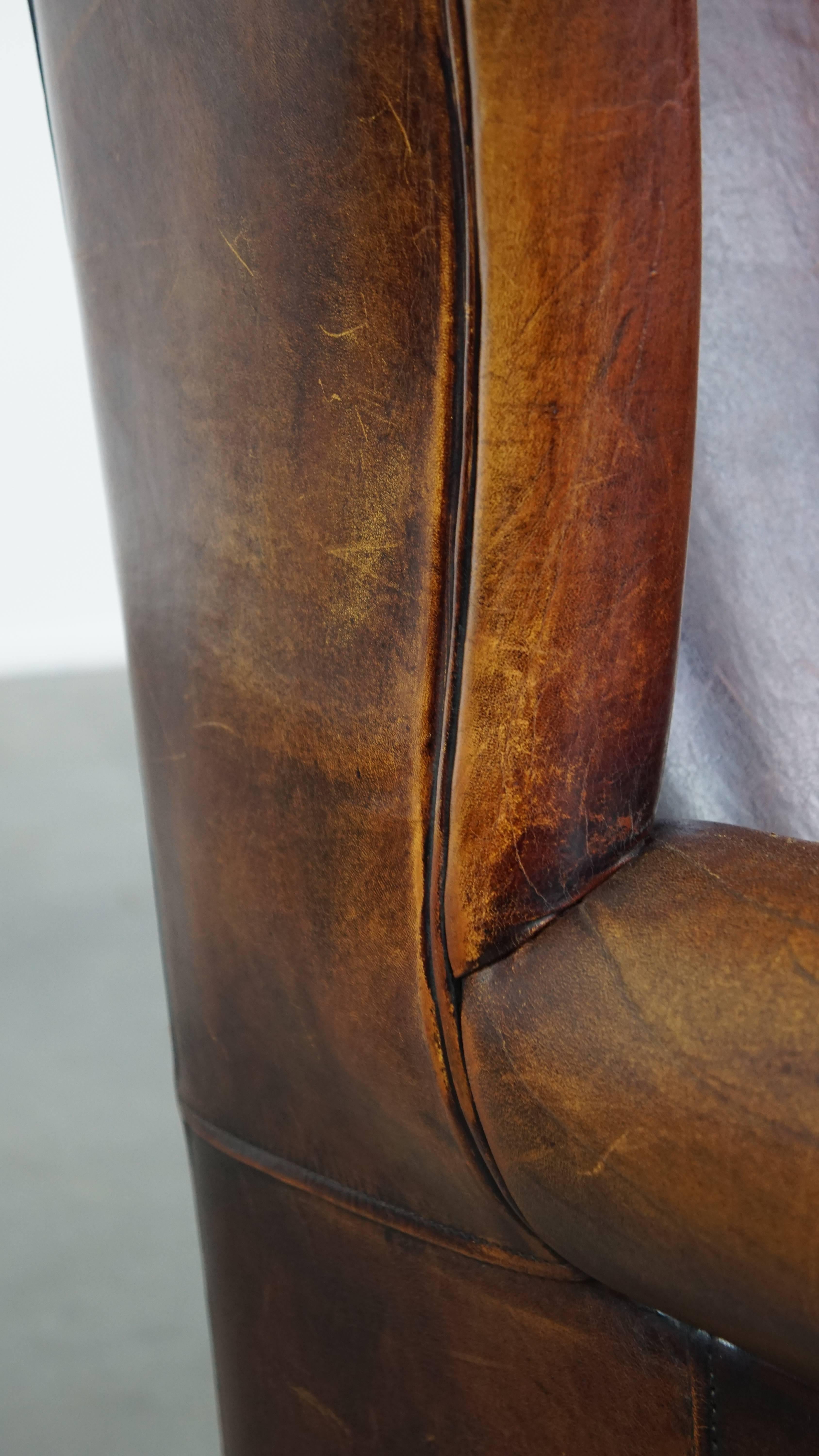 Comfortable Vintage Sheepskin Wingback Chair with a Beautiful Color For Sale 6
