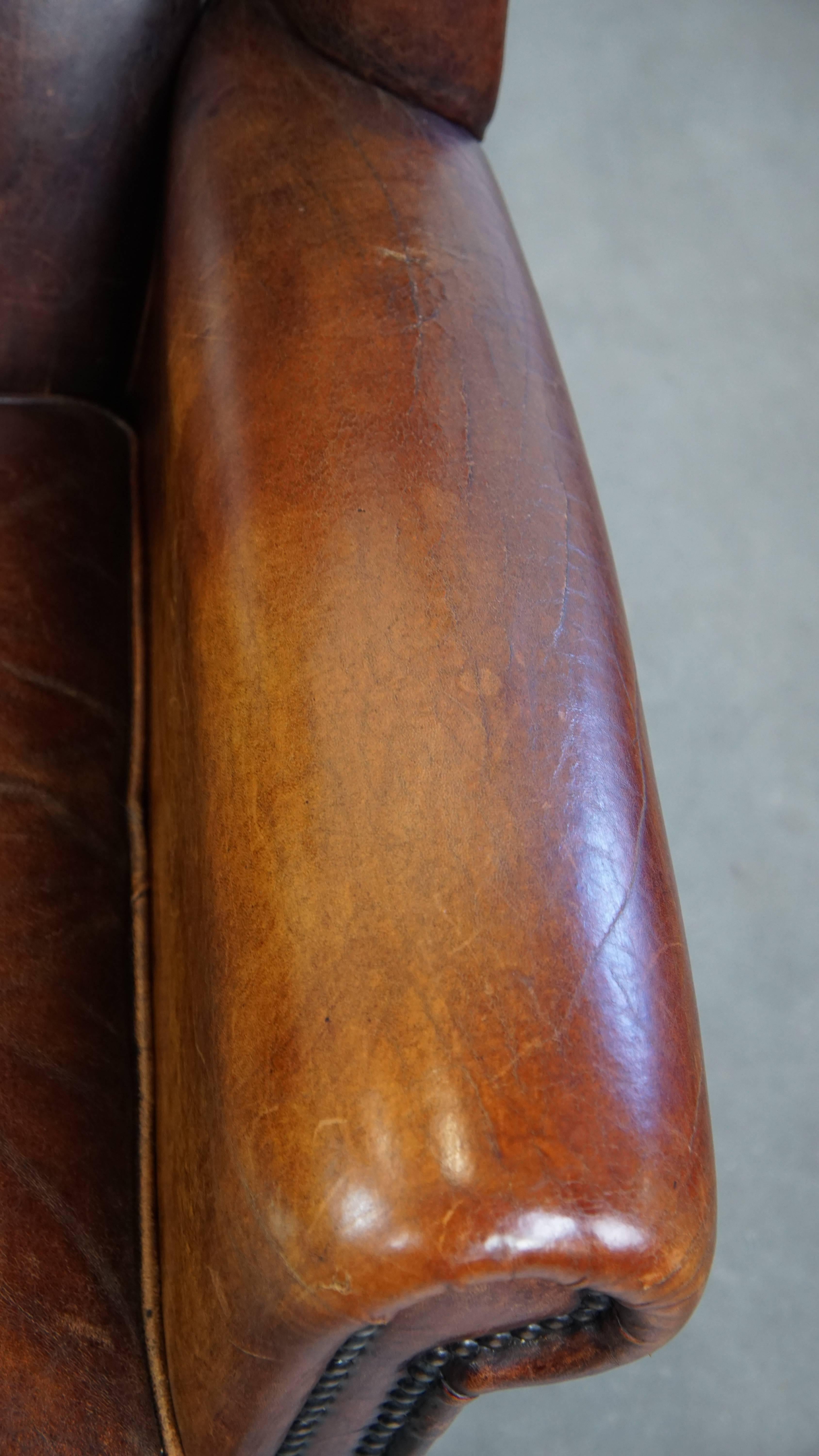 Comfortable Vintage Sheepskin Wingback Chair with a Beautiful Color For Sale 1