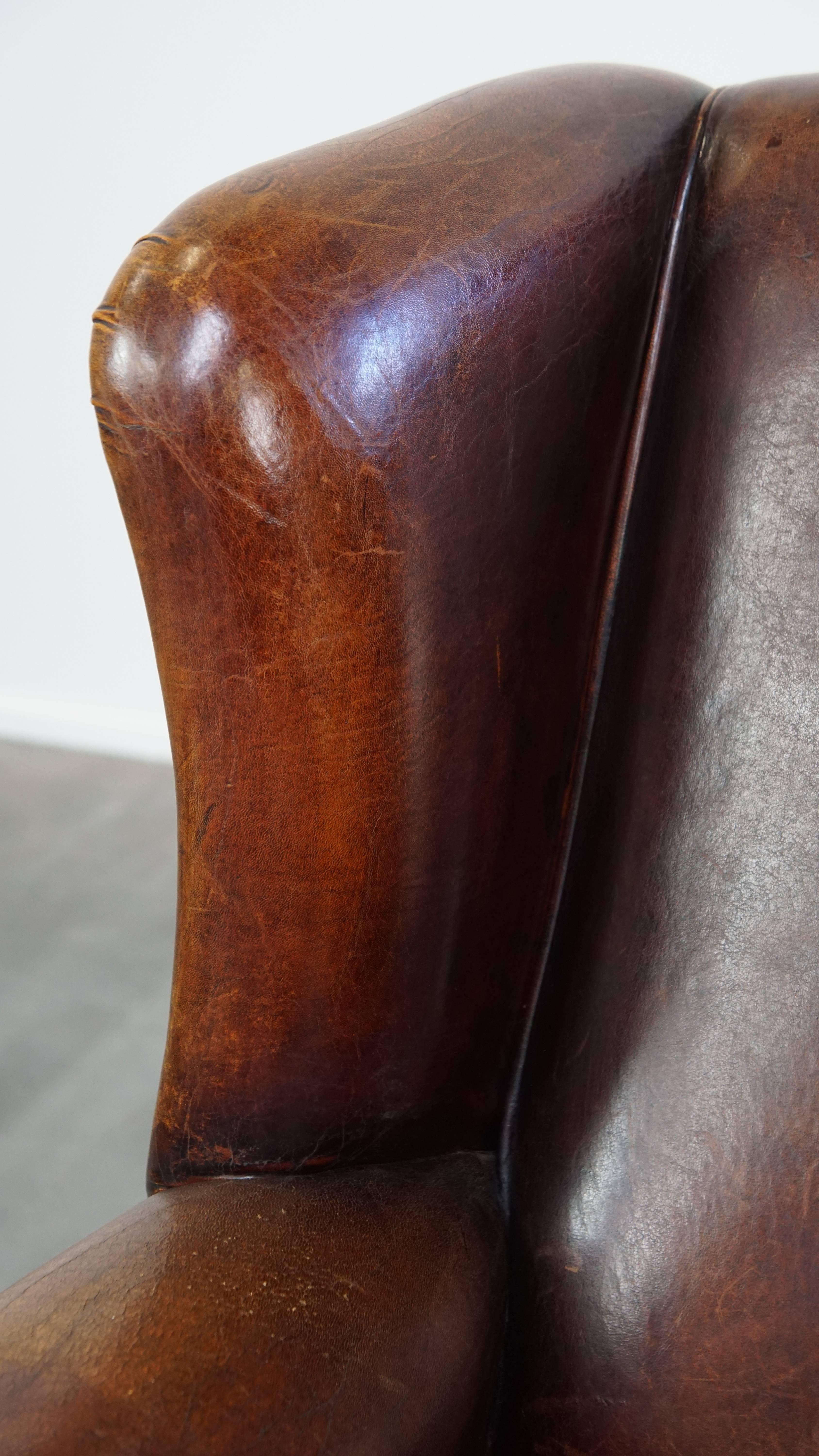Comfortable Vintage Sheepskin Wingback Chair with a Beautiful Color For Sale 2