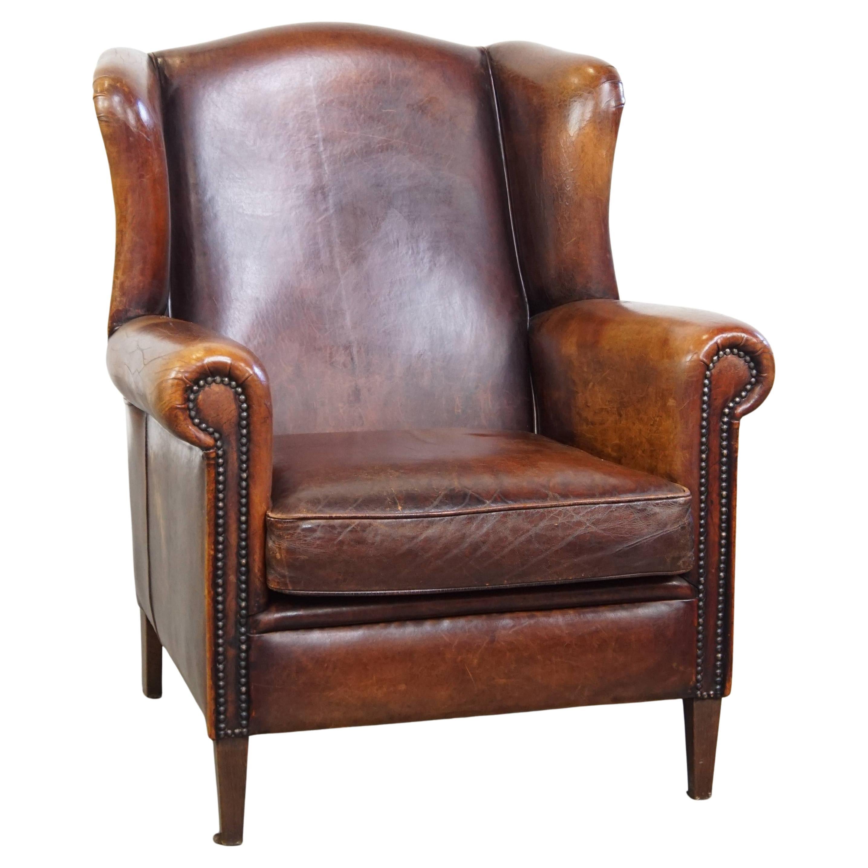 Comfortable Vintage Sheepskin Wingback Chair with a Beautiful Color