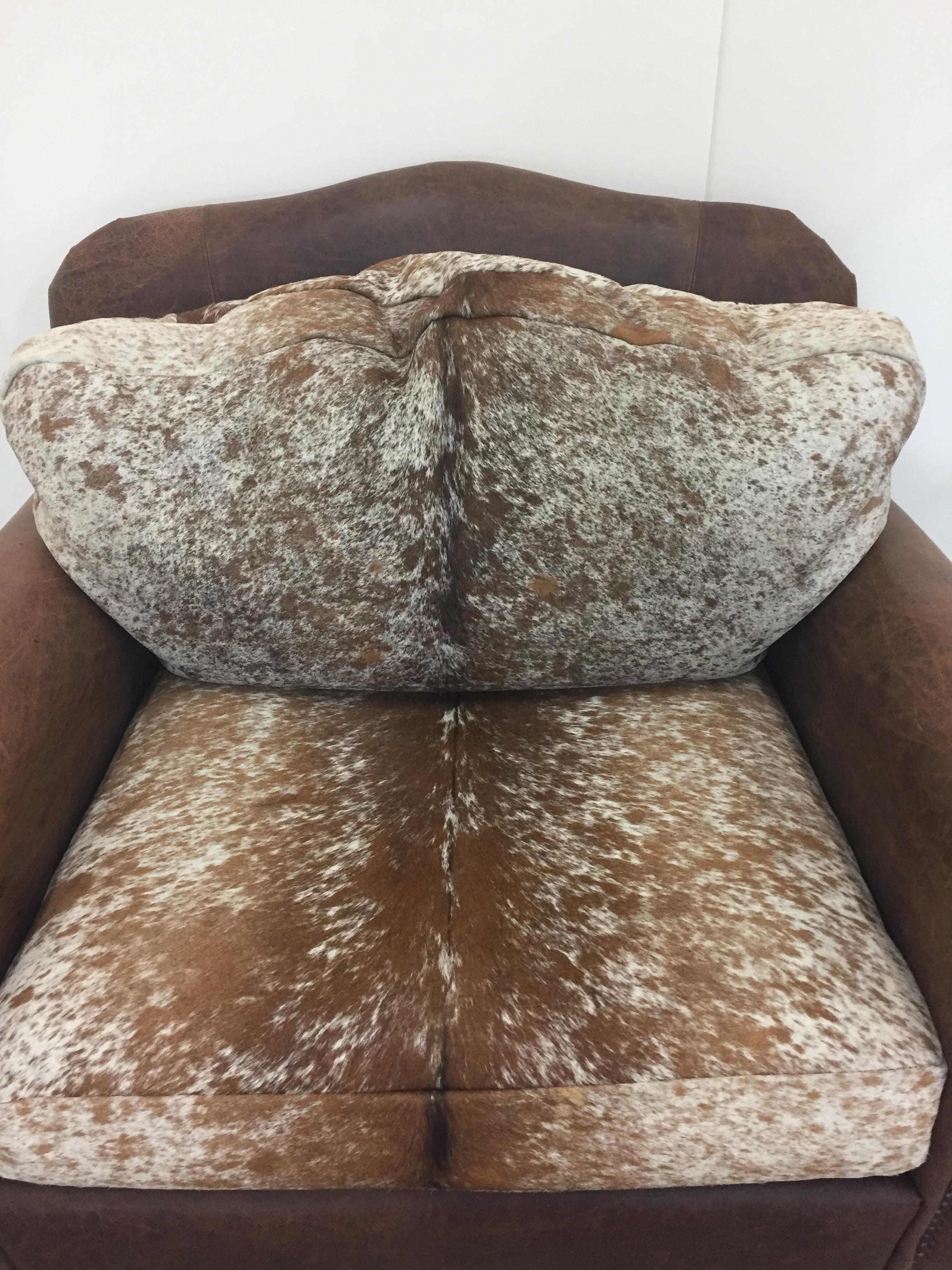 Comfy and Large Leather and Cowhide Club Chair In Distressed Condition In Hopewell, NJ