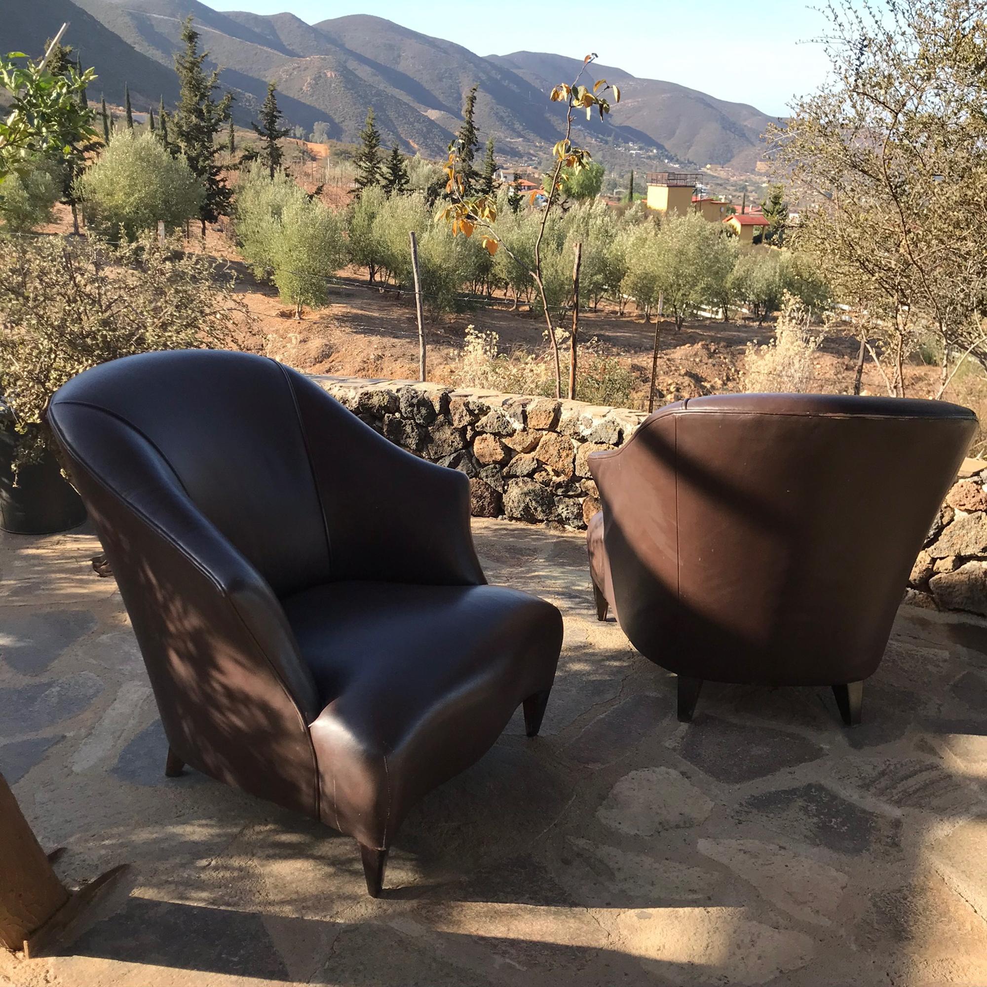 Unknown Comfy Pair of Brown Leather Lounging Armchairs Art Deco Jacques Adnet Style