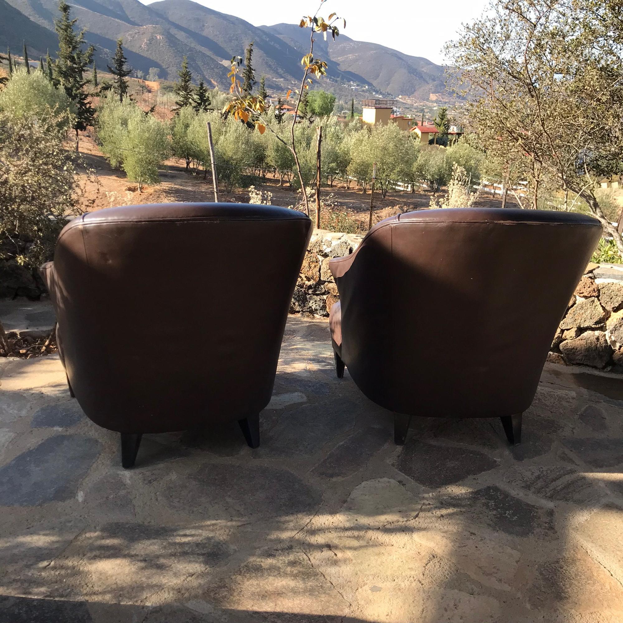 Comfy Pair of Brown Leather Lounging Armchairs Art Deco Jacques Adnet Style In Good Condition In Chula Vista, CA