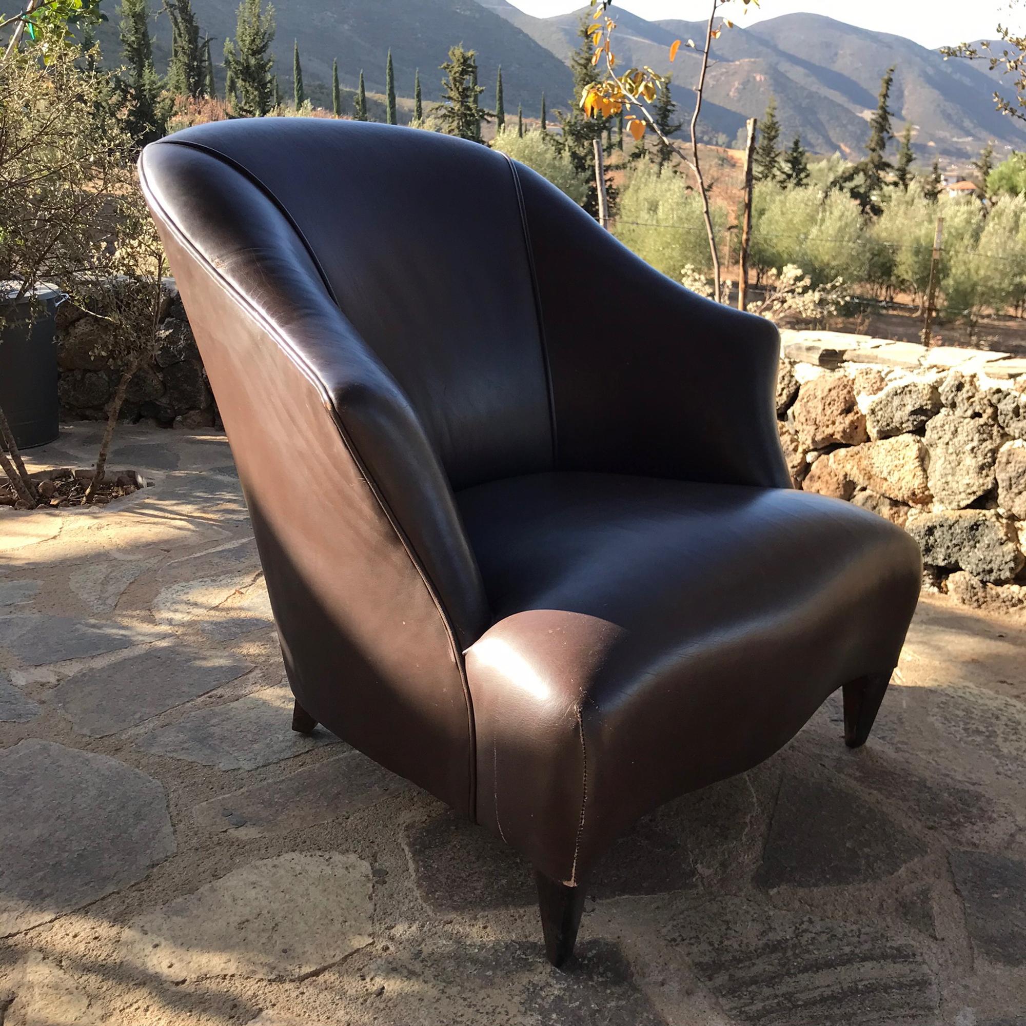 Comfy Pair of Brown Leather Lounging Armchairs Art Deco Jacques Adnet Style 2