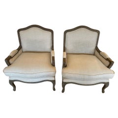 Comfy Pair of Cerused Wood and Linen Club Chairs