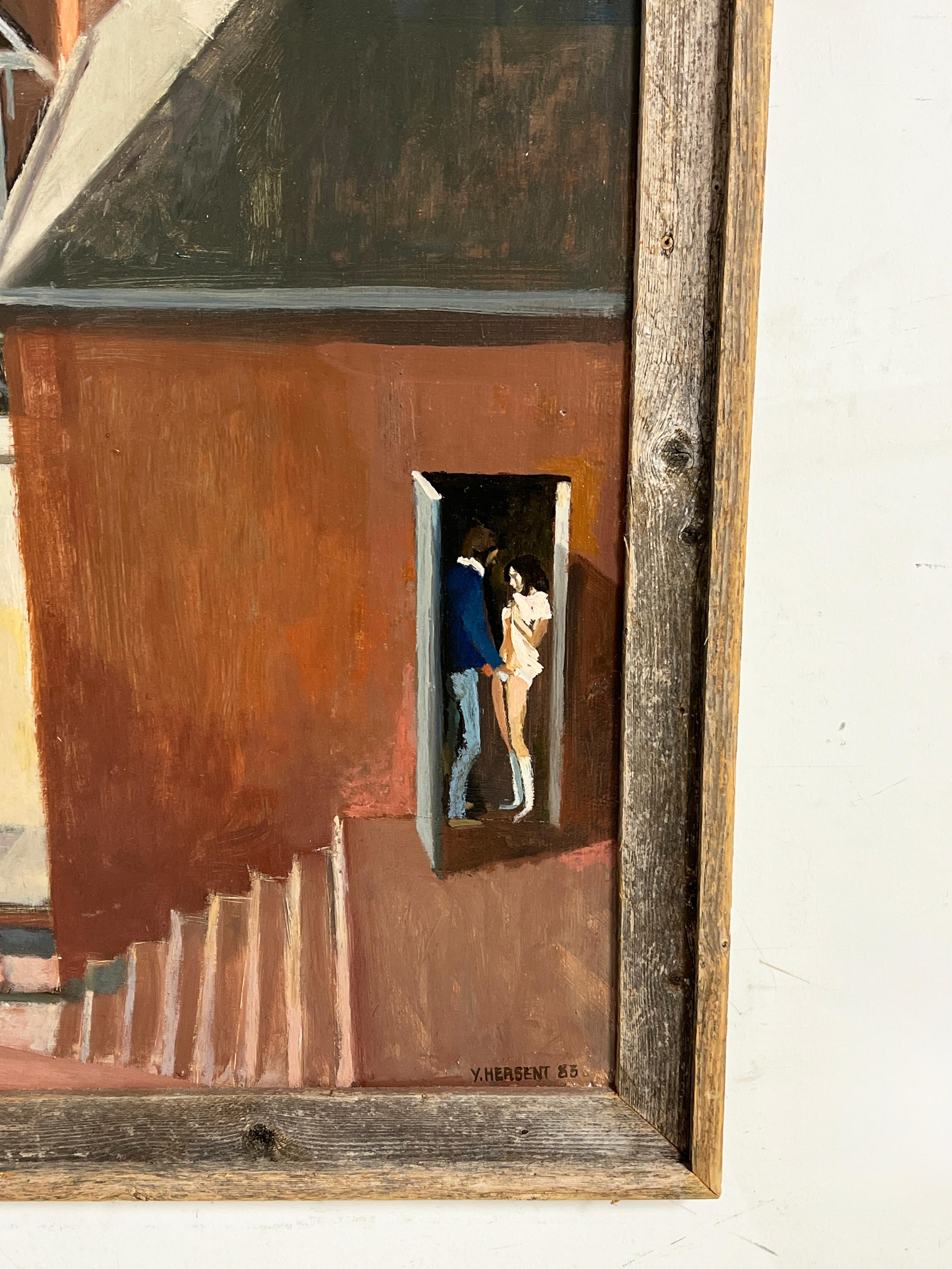 Pintura de la mayoría de edad del artista modernista francés Yves Hersent, D. 1983 en Bueno estado para la venta en Peabody, MA