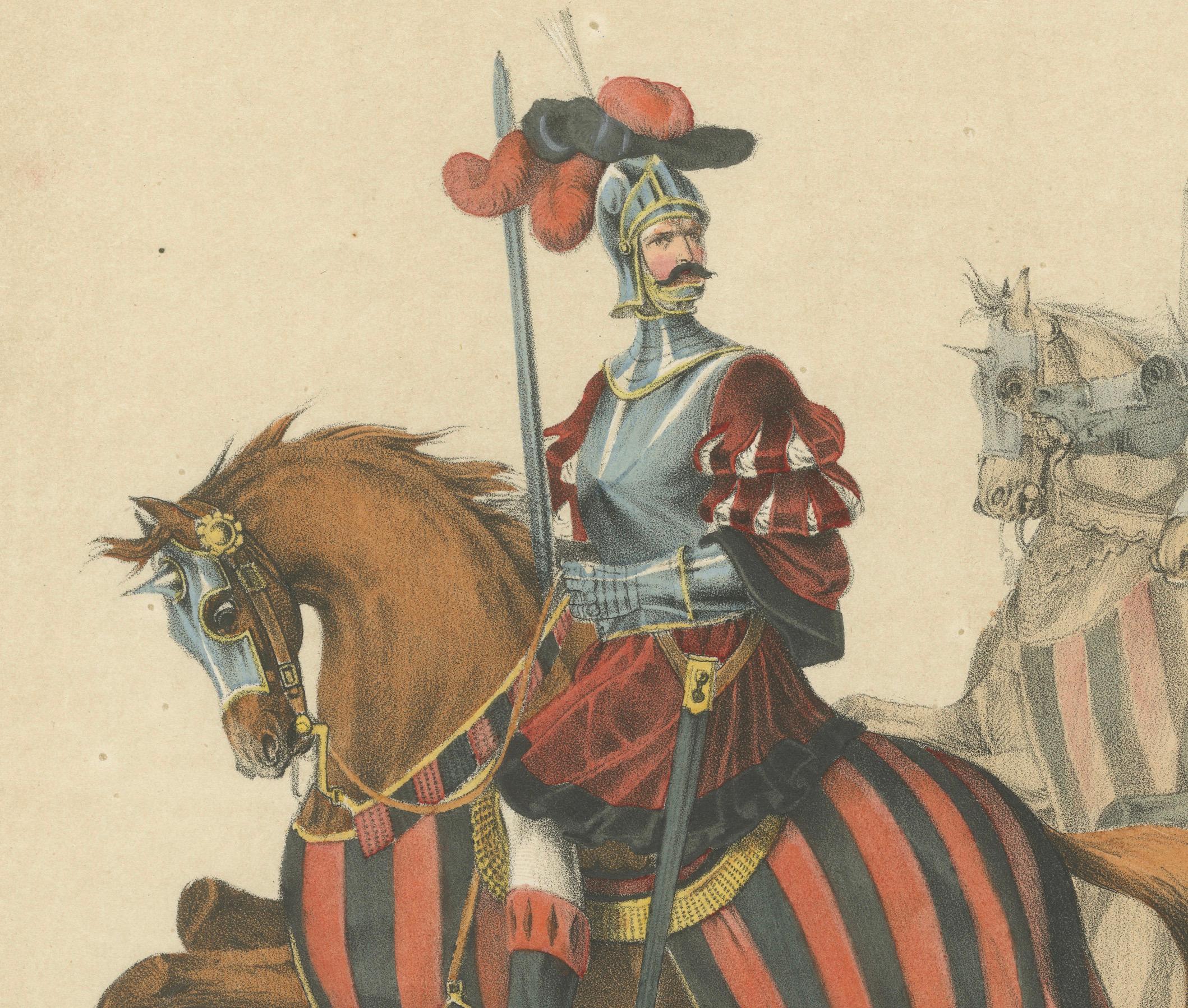 Titre : Le commandant à la tête de l'escorte - Un majestueux cortège de cavalerie lors de la fête de Berne en 1853  

Description :  Cette magnifique lithographie coloriée à la main fait partie de l'