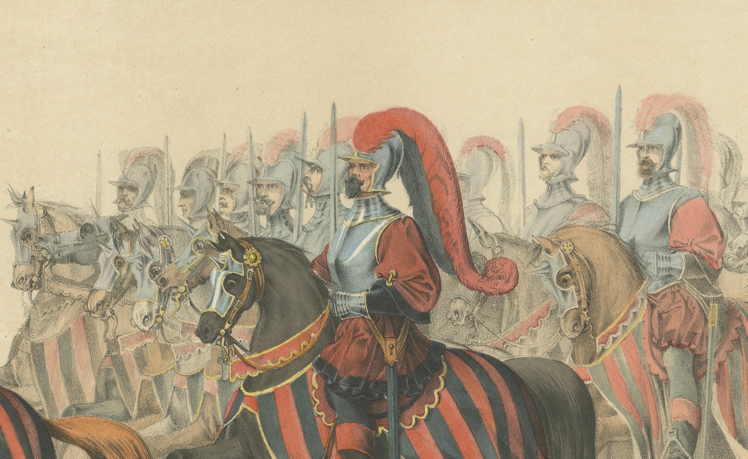 Commandant et escorte - Un majestueux cortège de cavalerie lors de la fête de Berne en 1853 Bon état - En vente à Langweer, NL