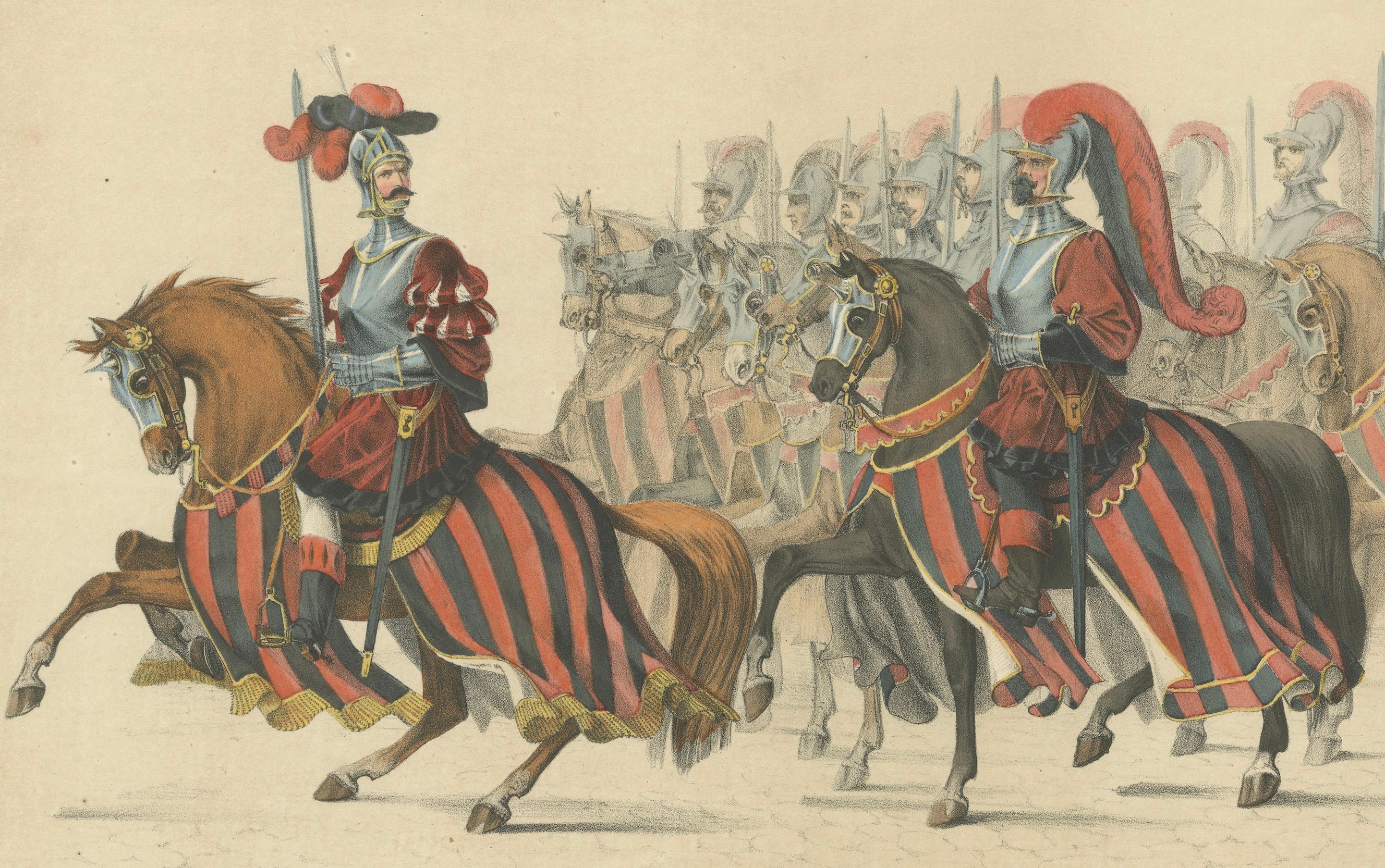 Papier Commandant et escorte - Un majestueux cortège de cavalerie lors de la fête de Berne en 1853 en vente