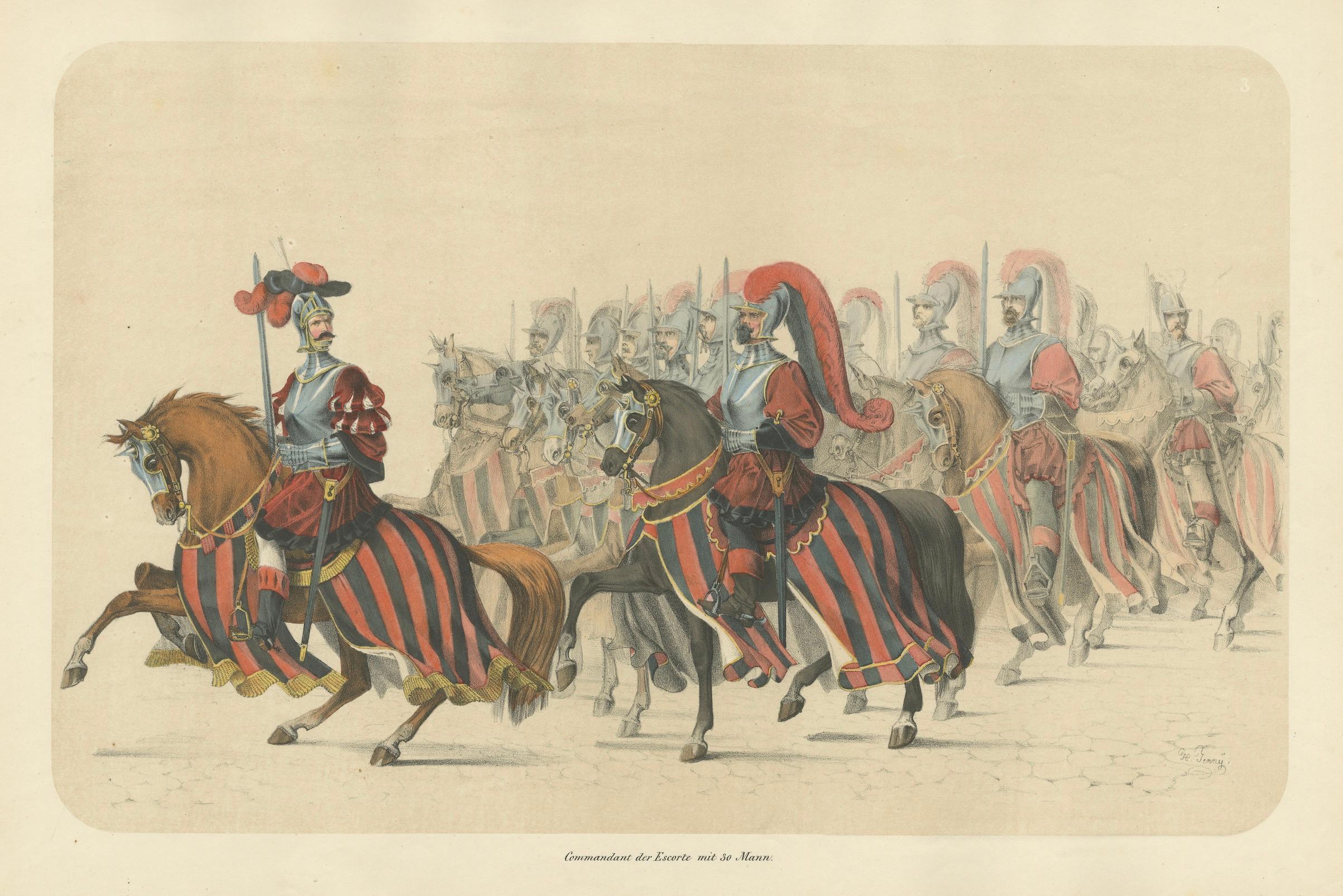 Commandant et escorte - Un majestueux cortège de cavalerie lors de la fête de Berne en 1853 en vente 1