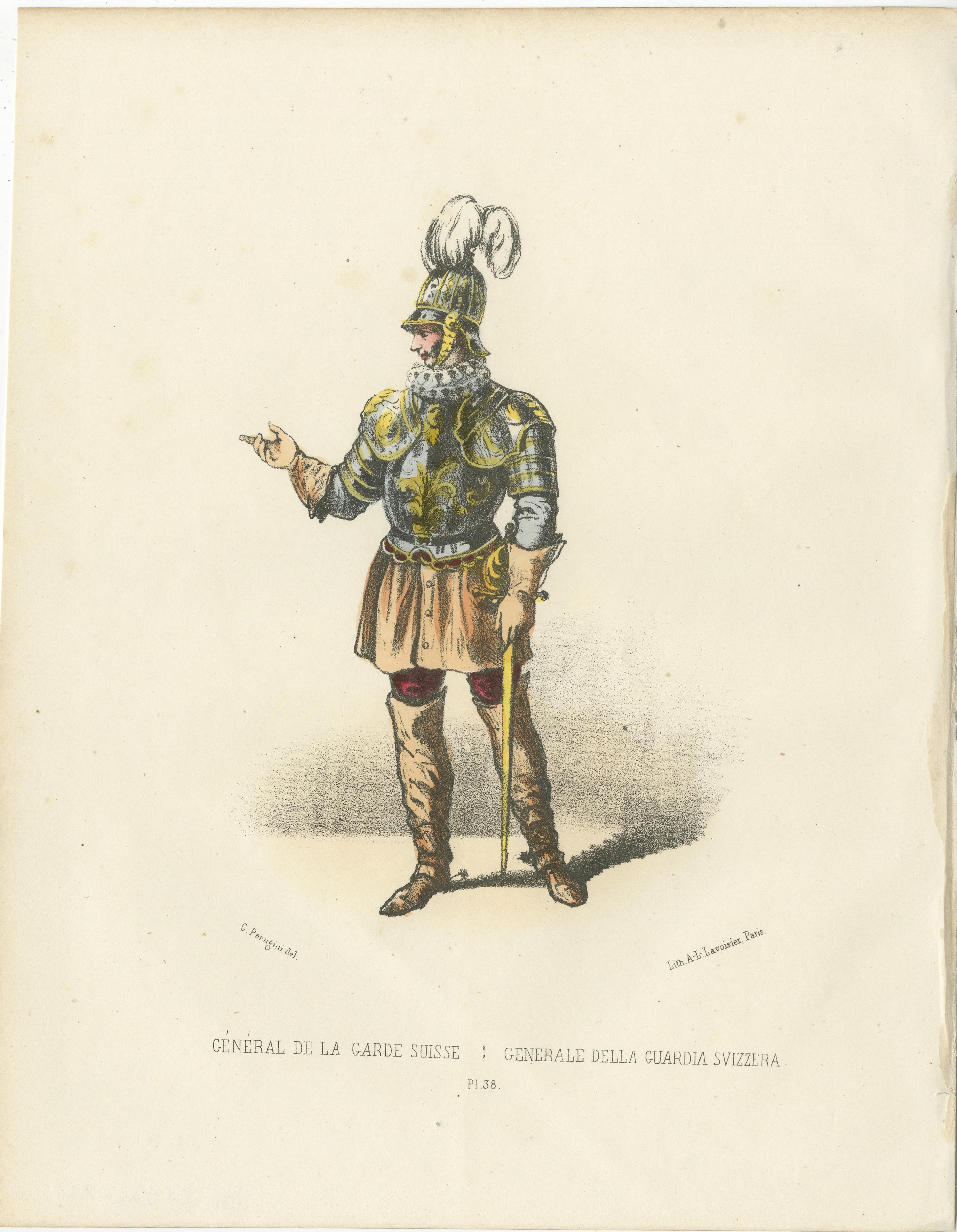 Comandante &Tradition: Stampa colorata a mano del generale della Guardia Svizzera, lastra 38, 1862  

Questa splendida litografia colorata a mano, Commanding Tradition, è la lastra 38 della seconda edizione del 1862 dell'Album ou Collection