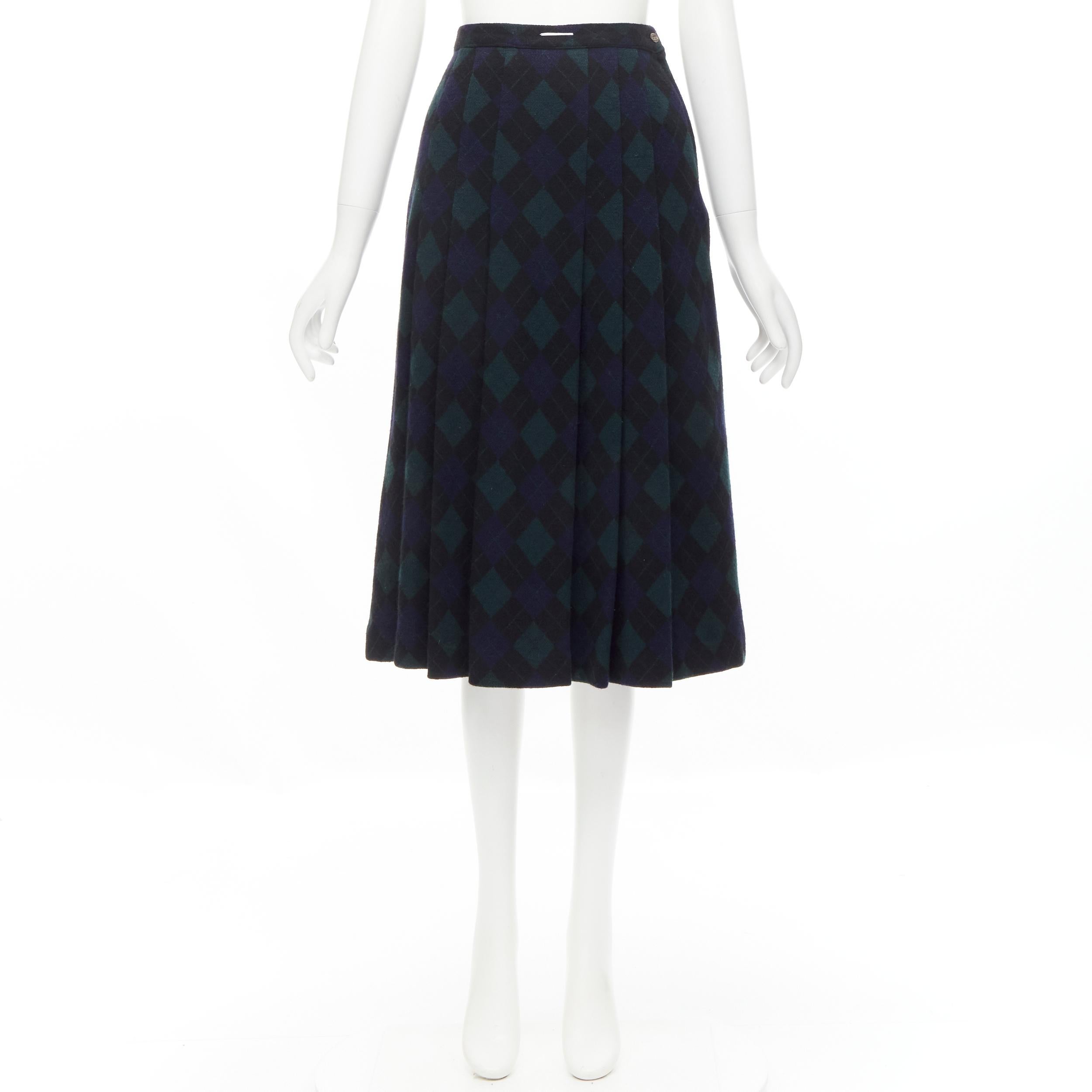 COMME DES GARCONS 1970s Vintage navy green plaid check pleated midi skirt S 4