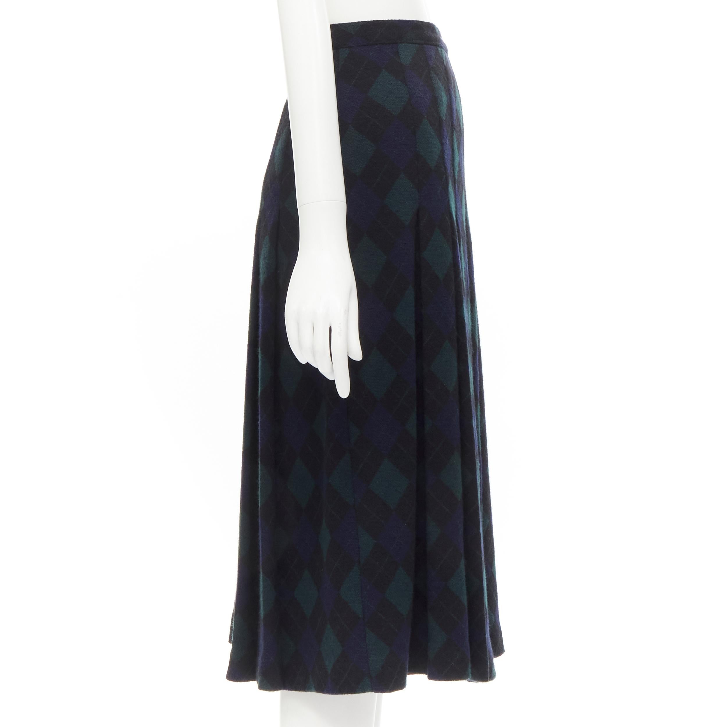 Black COMME DES GARCONS 1970s Vintage navy green plaid check pleated midi skirt S