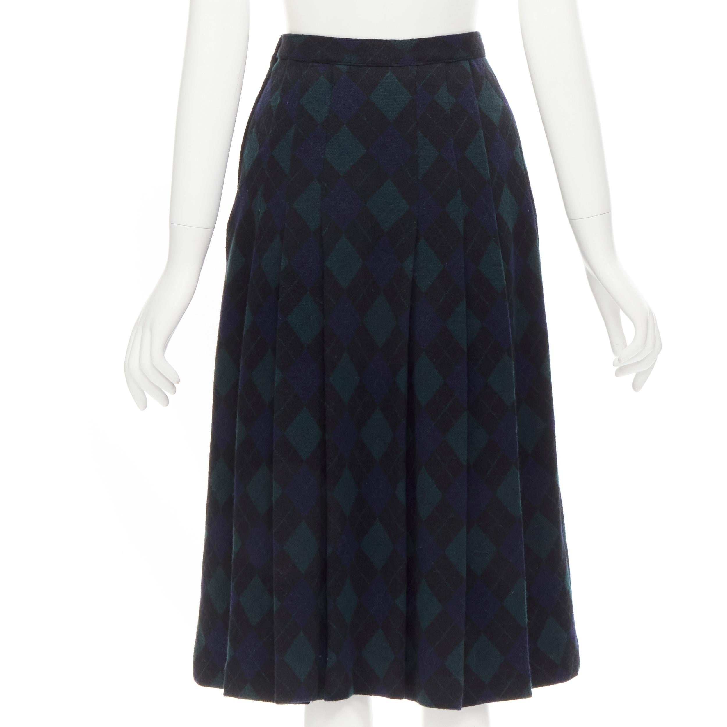 COMME DES GARCONS 1970s Vintage navy green plaid check pleated midi skirt S In Good Condition In Hong Kong, NT