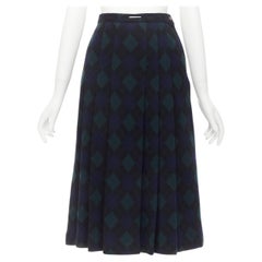 COMME DES GARCONS 1970s Vintage navy green plaid check pleated midi skirt S