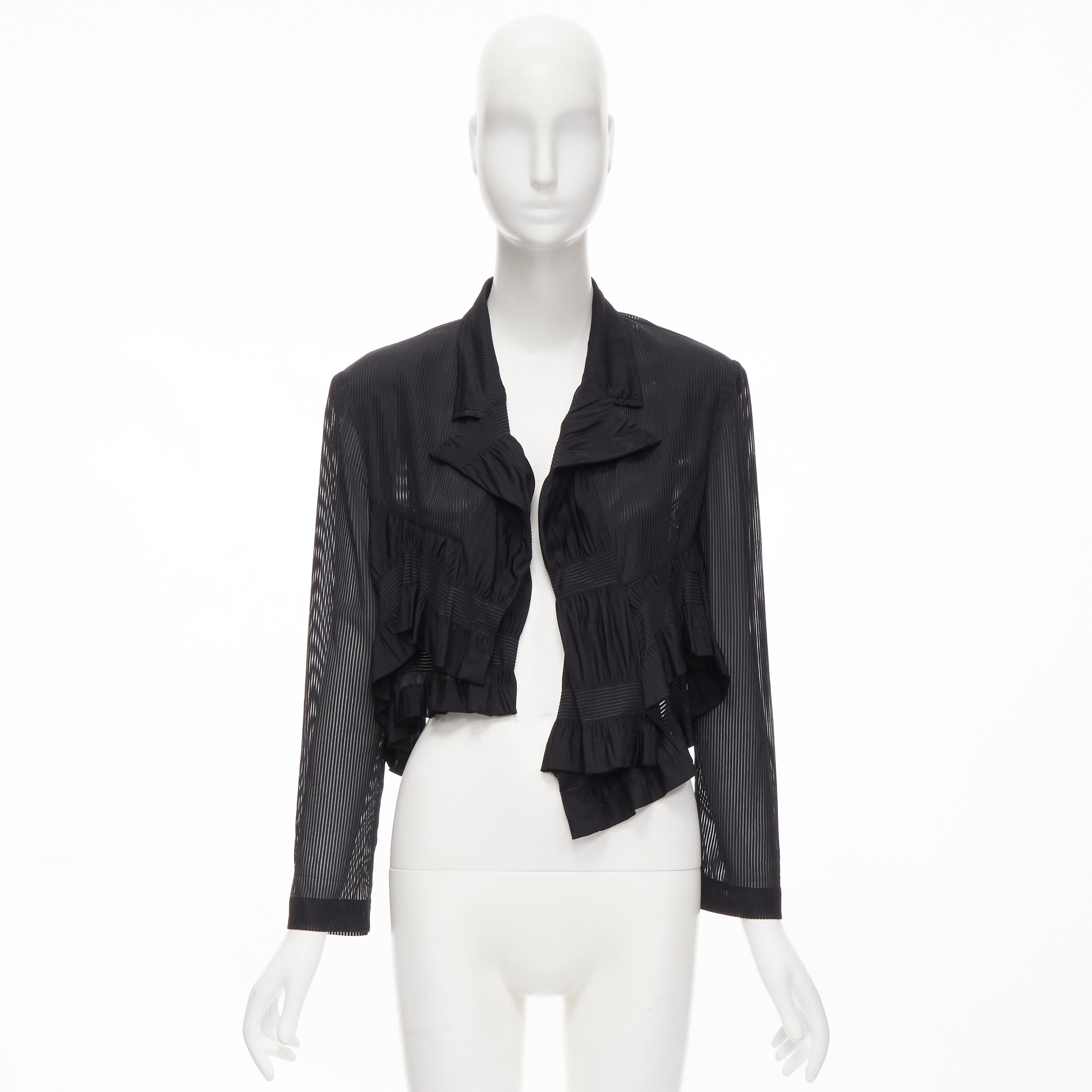 COMME DES GARCONS 1980's black striped sheer ruffle cropped blazer jacket S For Sale 2