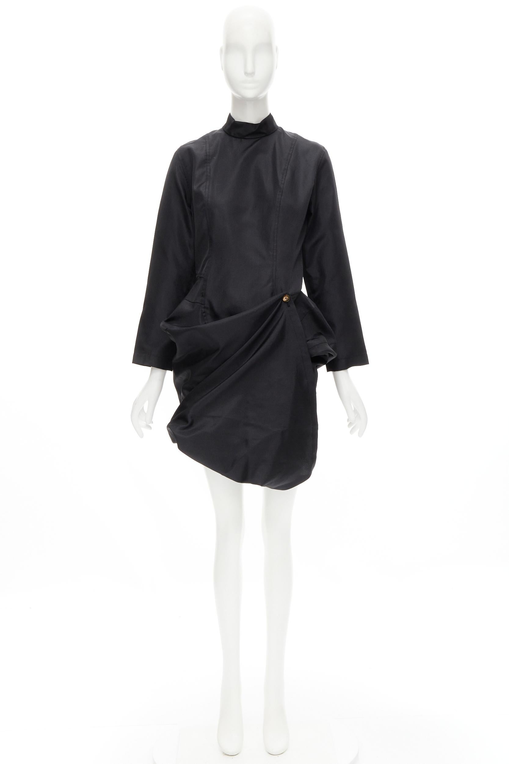 COMME DES GARCONS 1980's Vintage black curved cut button draped skirt dress S For Sale 6