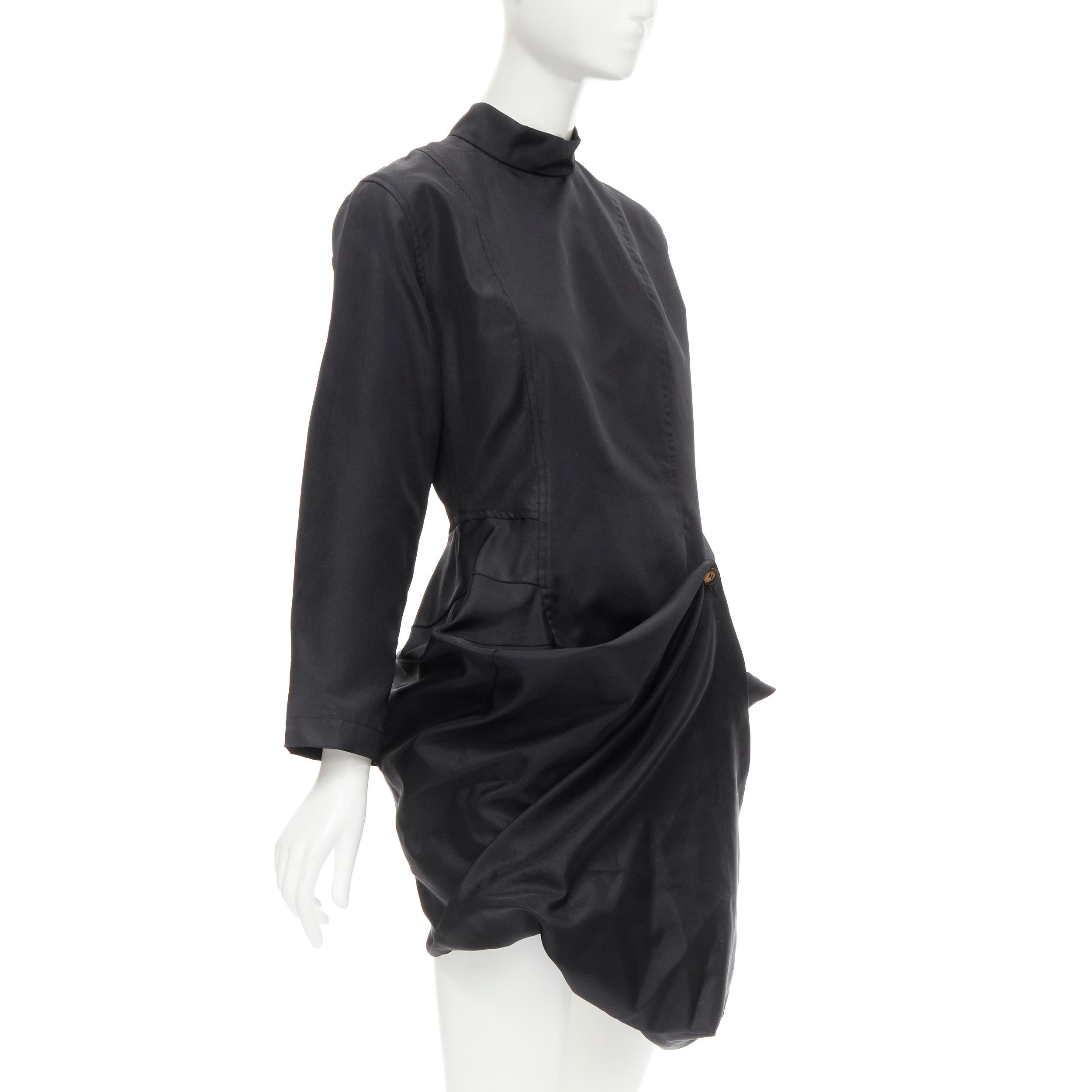 Black COMME DES GARCONS 1980's Vintage black curved cut button draped skirt dress S For Sale