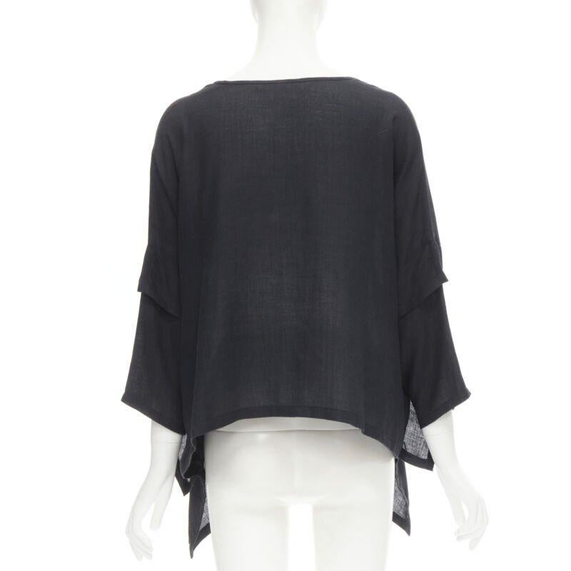 COMME DES GARCONS 1980s Vintage black linen square shorter back loose top S For Sale 1