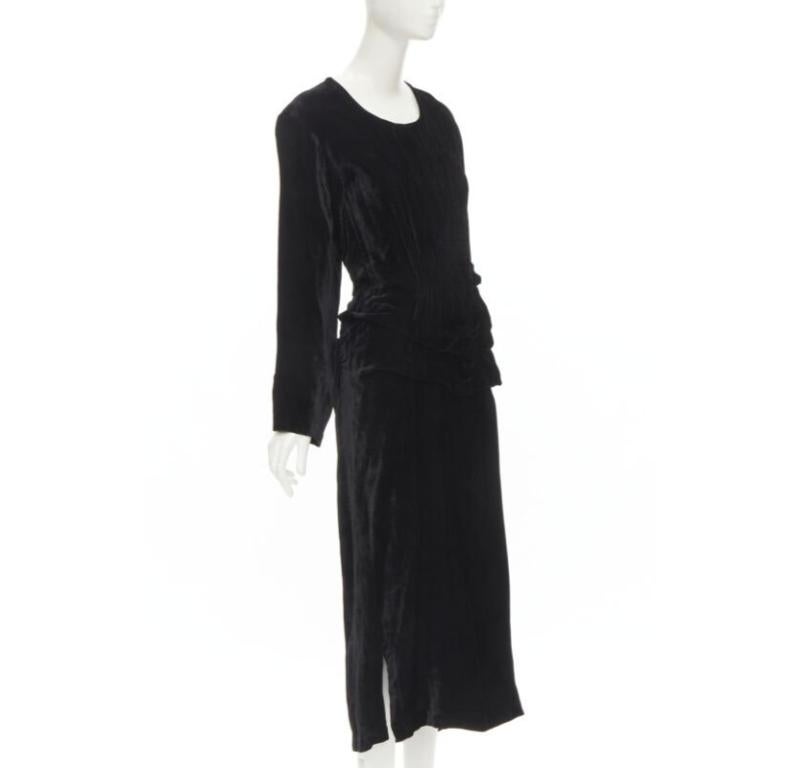 Black COMME DES GARCONS 1980's Vintage black velvet irregular shirred midi dress M For Sale