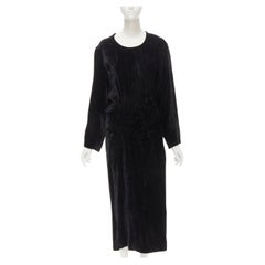 COMME DES GARCONS 1980's Vintage black velvet irregular shirred midi dress M