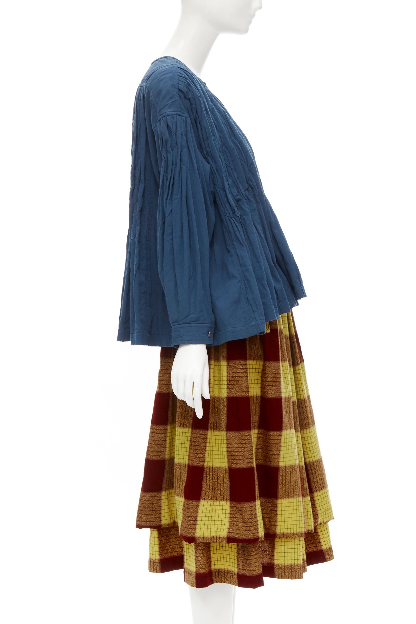 Black COMME DES GARCONS 1980's Vintage blue shirred stitch top layered checked skirt M For Sale