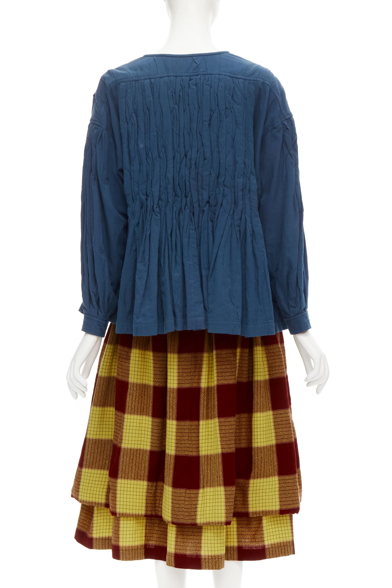 COMME DES GARCONS 1980's Vintage blue shirred stitch top layered checked skirt M In Good Condition For Sale In Hong Kong, NT