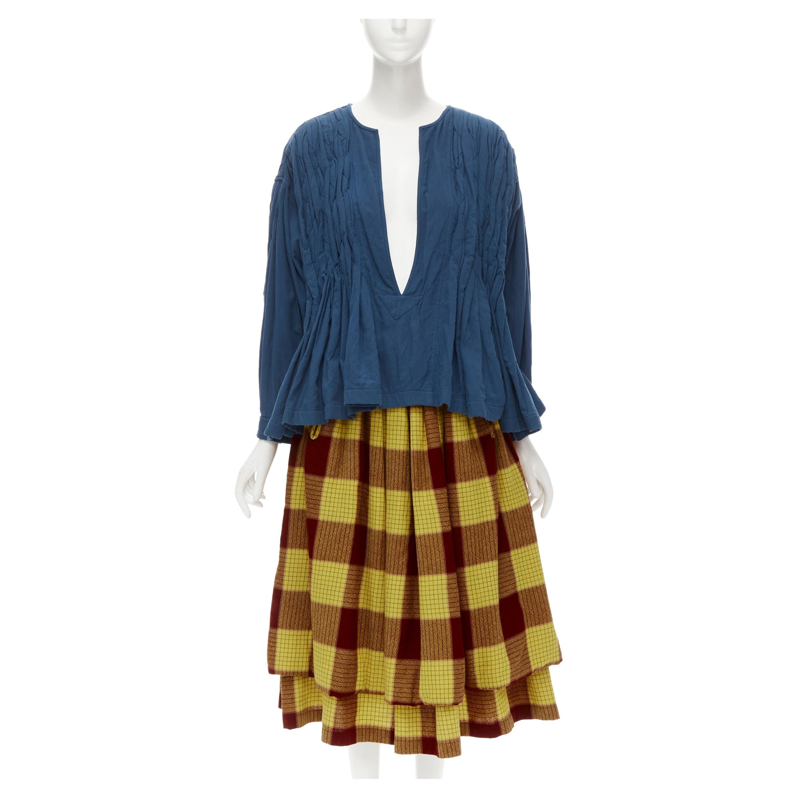 COMME DES GARCONS 1980's Vintage blue shirred stitch top layered checked skirt M For Sale